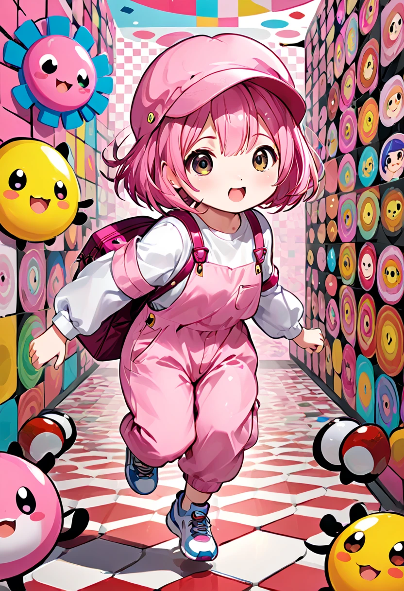 kawaii chibi character girl, pink bob haircut, cute big round eyes, expressive and various expressions, wearing baggy pink jumpsuit, baggy hat, running, background vivid color pattern patchwork wallpaper, conceptual installation art, BREAK delicate and dynamic textures, 2.5D, digital graphic CG, BREAK ultra detailed, absolutely resolution, best quality