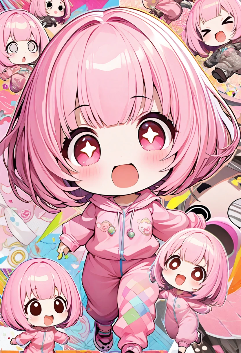 kawaii chibi character girl, pink bob haircut, cute big round eyes, expressive and various expressions, wearing baggy pink jumpsuit, baggy hat, running, background vivid color pattern patchwork wallpaper, conceptual installation art, BREAK delicate and dynamic textures, 2.5D, digital graphic CG, BREAK ultra detailed, absolutely resolution, best quality