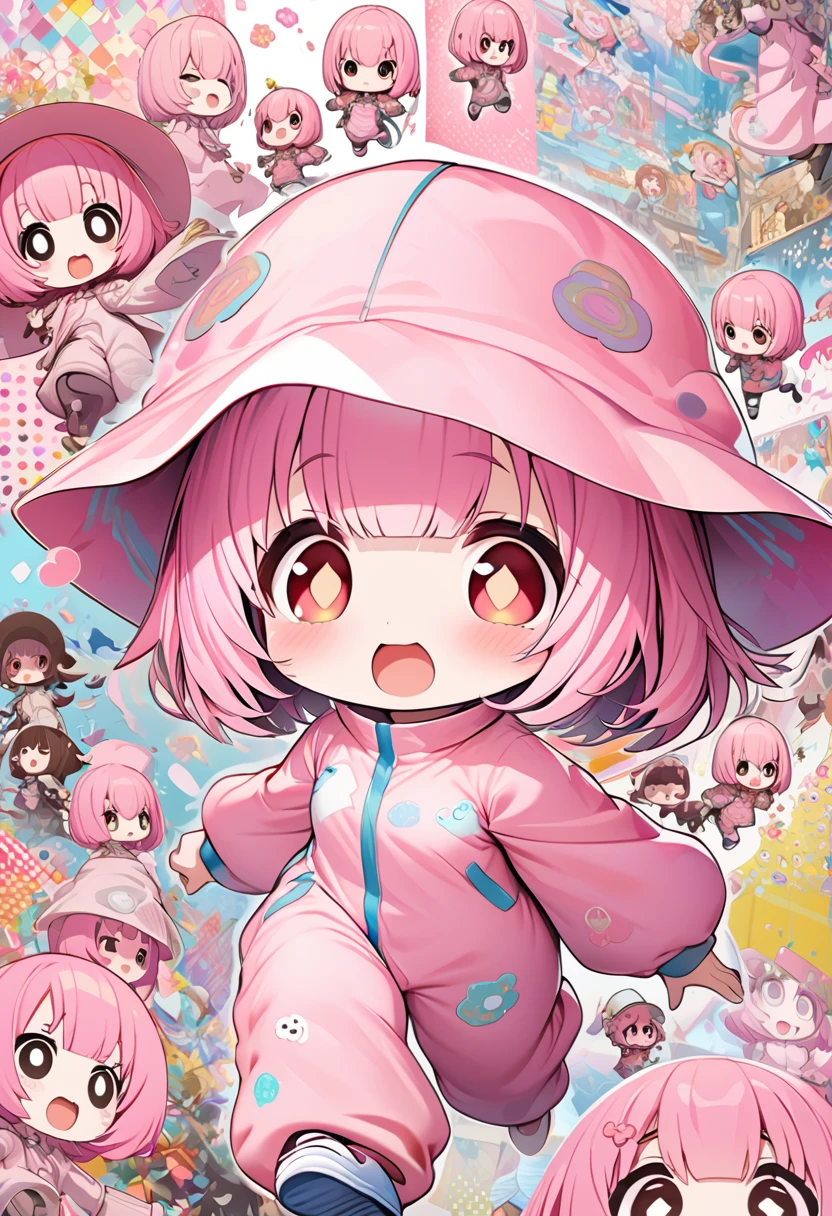 kawaii chibi character girl, pink bob haircut, cute big round eyes, expressive and various expressions, wearing baggy pink jumpsuit, baggy hat, running, background vivid color pattern patchwork wallpaper, conceptual installation art, BREAK delicate and dynamic textures, 2.5D, digital graphic CG, BREAK ultra detailed, absolutely resolution, best quality