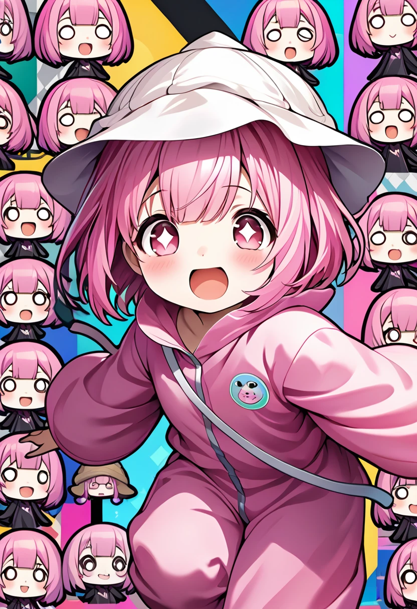 kawaii chibi character girl, pink bob haircut, cute big round eyes, expressive and various expressions, wearing baggy pink jumpsuit, baggy hat, running, background vivid color pattern patchwork wallpaper, conceptual installation art, BREAK delicate and dynamic textures, 2.5D, digital graphic CG, BREAK ultra detailed, absolutely resolution, best quality