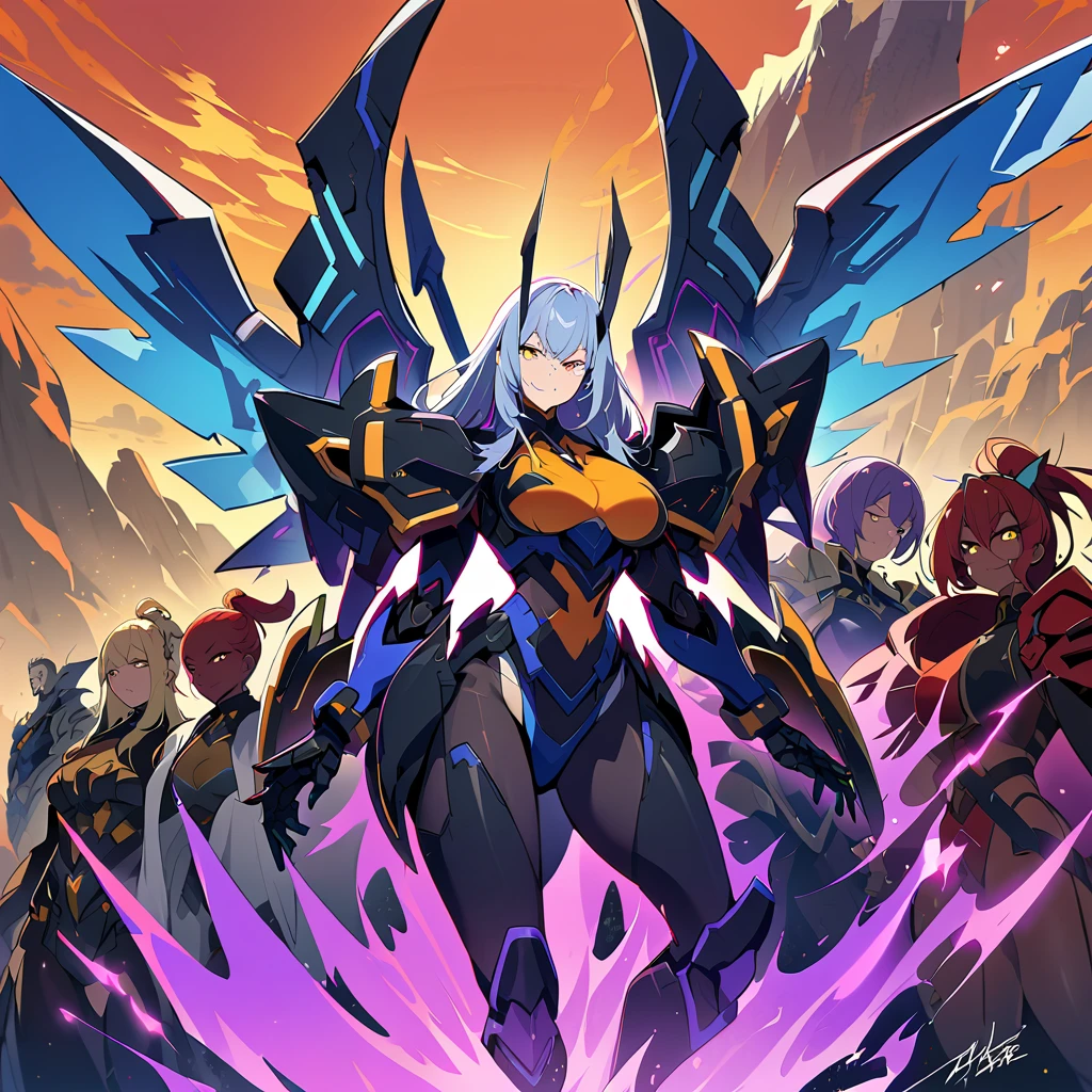 Anime, high detailed, multiple womans, mature womans, indigo mecha armor, large mechanical wings, evil grin, large clawed Gauntlet, red skin, curvy body, long mechanical tail,black sclera、Colored sclera、crimson Colored skin、Yellow Eyes, elongated pupils,  Mature Woman、Black-purple aura、womans surrounding, background a glacier region