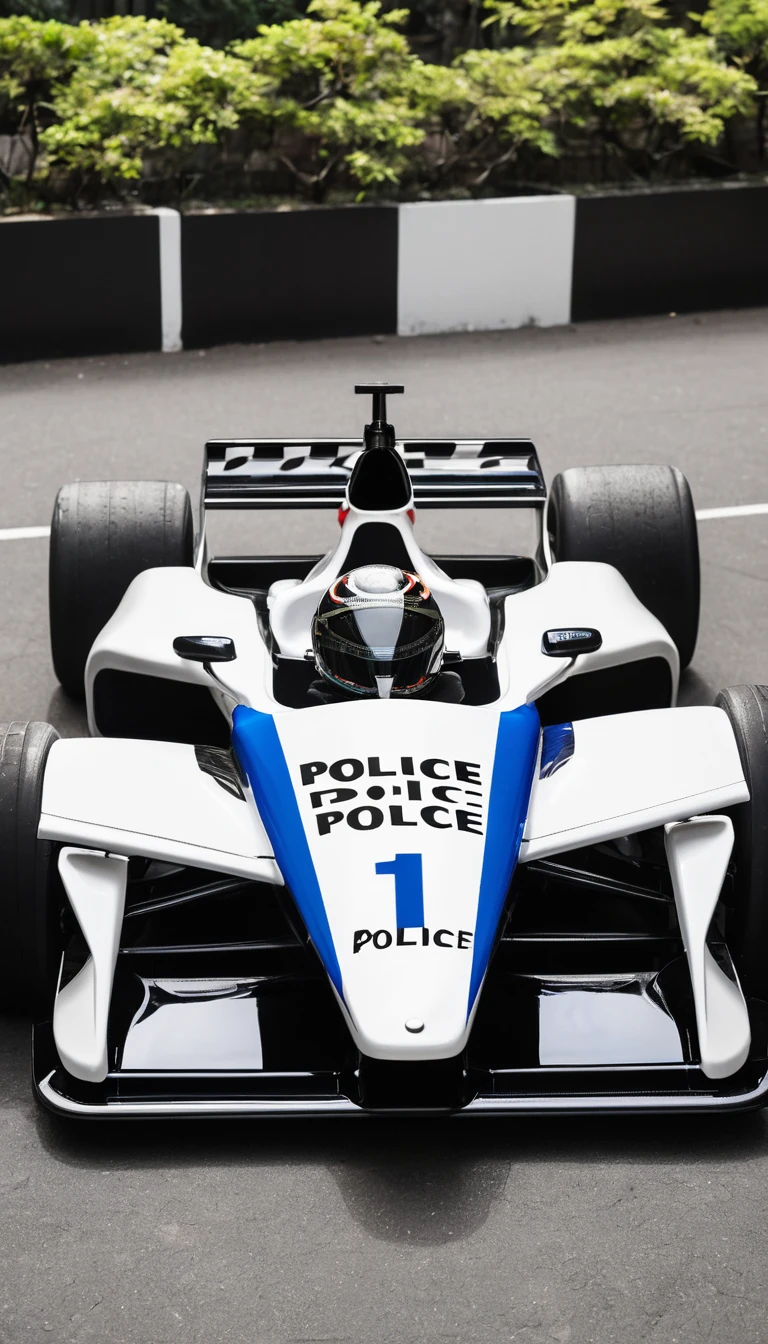 Formula car with police car paint, black and white Japanese police spec, The red police light flashes