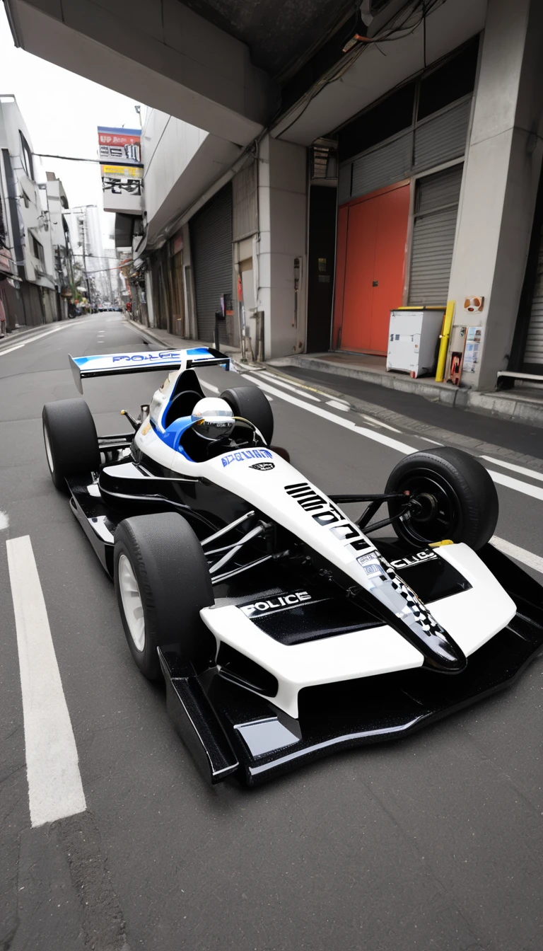 Formula car with police car paint, black and white Japanese police spec, The red police light flashes