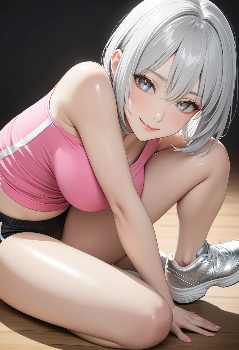 masterpiece, Best Quality, Anatomically correct, Textured skin, Very detailed, Portrait Photography, whole body, break 1人の***, Shiny silver hair, Bob Hair, Bright and vivid silver eyes, Bangs between the eyes, Large Breasts, athlete, Light blush, A seductive smile, break (A pink T-shirt with no print, Black shorts with two white stripes on the sides, Silver sneakers with pink accents), break 1人の***, sitting, ass on floor, leaning forward, (outstretched legs:1.2), spread legs, (sitting split:1.2), feet out of frame, flexible, straddle split, stretching,