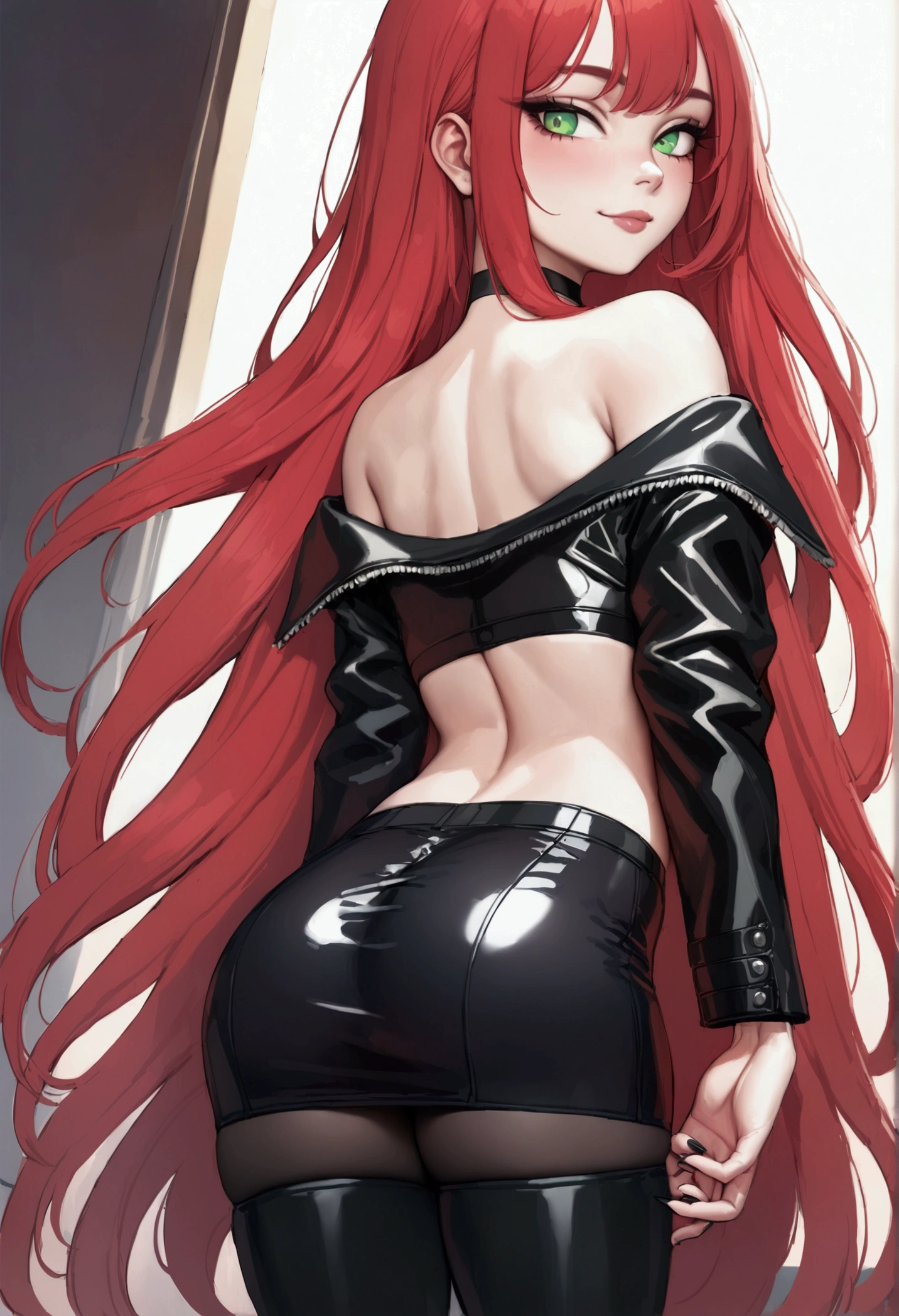 Red-haired cat-eared domina girl, big body, with a black leather suit attached to the body, showing nipples and vagina