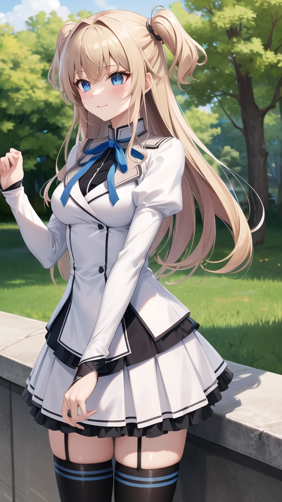 masterpiece, best quality, highres, 1girl, solo, long hair, blonde hair, two side up, (hair ribbon:1.1), blue eyes, neck ribbon, school uniform, white jacket, juliet sleeves, long sleeves, white skirt, thigh ribbon, black thighhighs, outdoors, cowboy shot, standing,