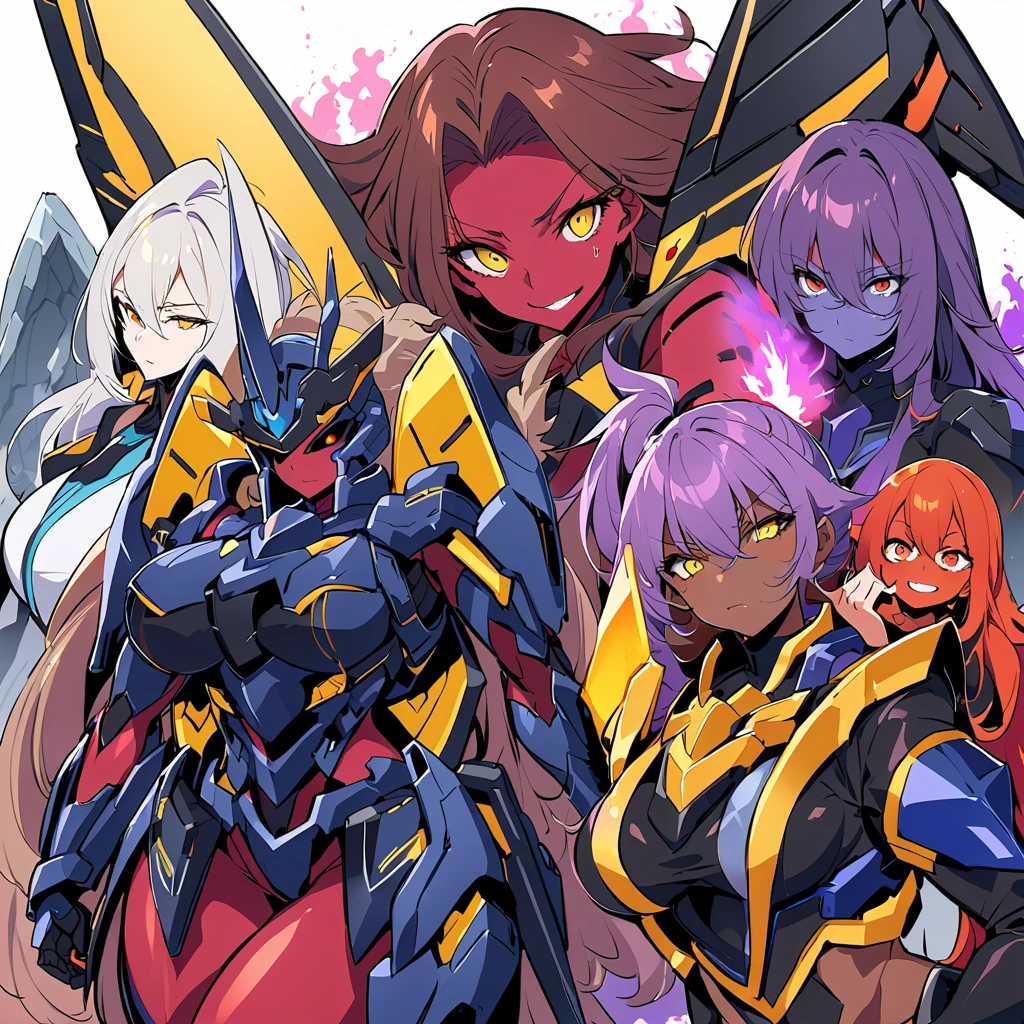 Anime, high detailed, multiple womans, mature womans, indigo mecha armor, large mechanical wings, evil grin, large clawed Gauntlet, red skin, curvy body, long mechanical tail,black sclera、Colored sclera、crimson Colored skin、Yellow Eyes, elongated pupils,  Mature Woman、Black-purple aura、womans surrounding, background a glacier region