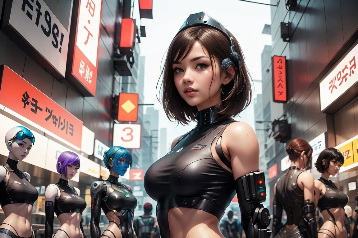 (masterpiece), (best quality), (very detailed), ((1 woman)), (cyberpunk), future city background, ghost in the shell, detailed eyes, Detailed nose, Detailed lips, perfect face, perfect body, Side face and upper body expression, Place a small person on the left side of the picture, movie poster, landscape