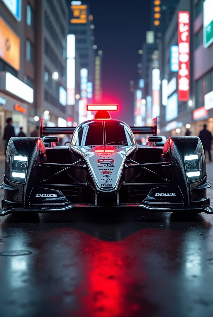 Formula car with police car paint, black and white Japanese police spec, The red police light flashes