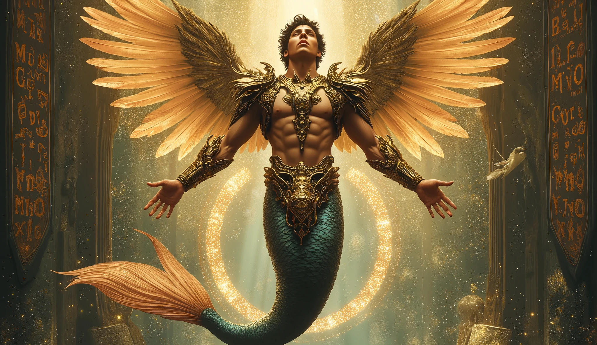 A mythical illustration of  A male mermaid within an Arcane Rune Nexus, adorned with Enchanted Glyphs and brought to life through Eldritch Energy Conduits, glowing in mystical tones of gold and yellow,feathered wings