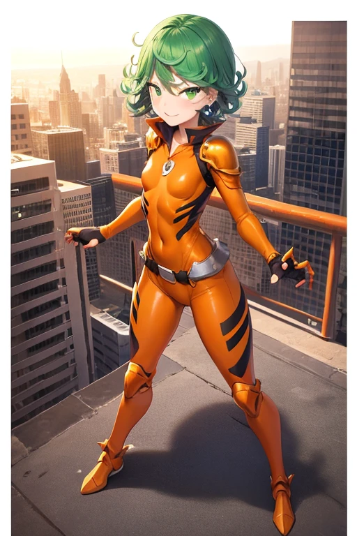 Masterpiece, best quality, ultra detailed, illustration, lighting epic, cinematic composition, 1 girl, Tatsumaki, short hair, green hair, very small breasts, green eyes, bright eyes, evil smile, blushing, closed mouth, piercing gaze, full body, gremlin, brown collar, tall, very thin, hunched over, long metal claws, spikes on his forearms, brown details, brown fingerless gloves, orange wristbands, orange nanotech suit, light armor, orange chest with an emblem, high shoulder pads, orange suit with brown stripes, brown tiger stripes, triangle emblem on his chest, orange emblem, orange pants, orange knee pads, metallic orange boots, metallic orange shoes, brown superhero belt, standing on a building, city background, anime, looking back