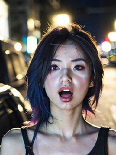 (Standing on the Street), (Night Background), Short denim skirt, Complex background, Multicolored Hair, (Colored inner hair), Short and detailed hair， Heart-shaped eyes, One eye closed, Sparkling Eyes, Tongue Stock, saliva, (Sticking out tongue), Bright red face, Side light, Complex background, Looking into the camera, Side light, compensate, compensate, Open your mouth, Crazy, shy, , Torn, Unconscious, Daoyagao, Shortness of breath, Drooling, Mischievous face, saliva trail, evil, A verbal invitation, Cinematic Lighting, Hyper HD, masterpiece, Accurate, Anatomically correct, Textured skin, Super detailed, 8k, (Large Breasts:1.3), Detailed chest, (saliva:1.1), (drooling saliva:1.1), Very small waist, (Arms back:1.1)