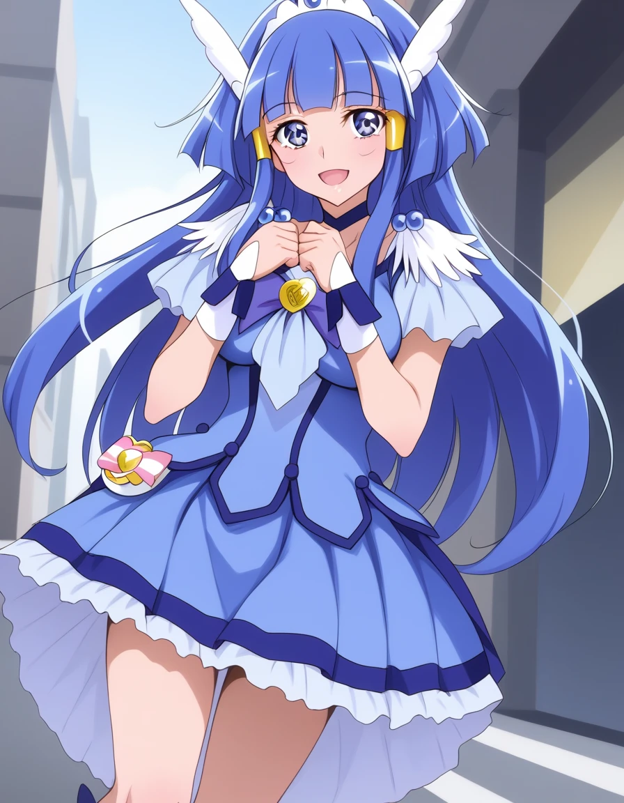 score_9, score_7_up, masterpiece, best quality, source_anime, perfect face, beautiful detailed eyes, anime screencap, BREAK AR-CB, 1girl, blue eyes, long hair, hair tube, sidelocks, blue hair, blunt bangs, hair ornament, head wings, tiara, blue choker, blue bow, blue skirt, blue wrist cuffs, knee BREAK huge breast:1.6, smile, blush, open mouth, standing, cute pose, head tilt, BREAK outdoor, city, street, cowboy shot, upskirt,white pantie,