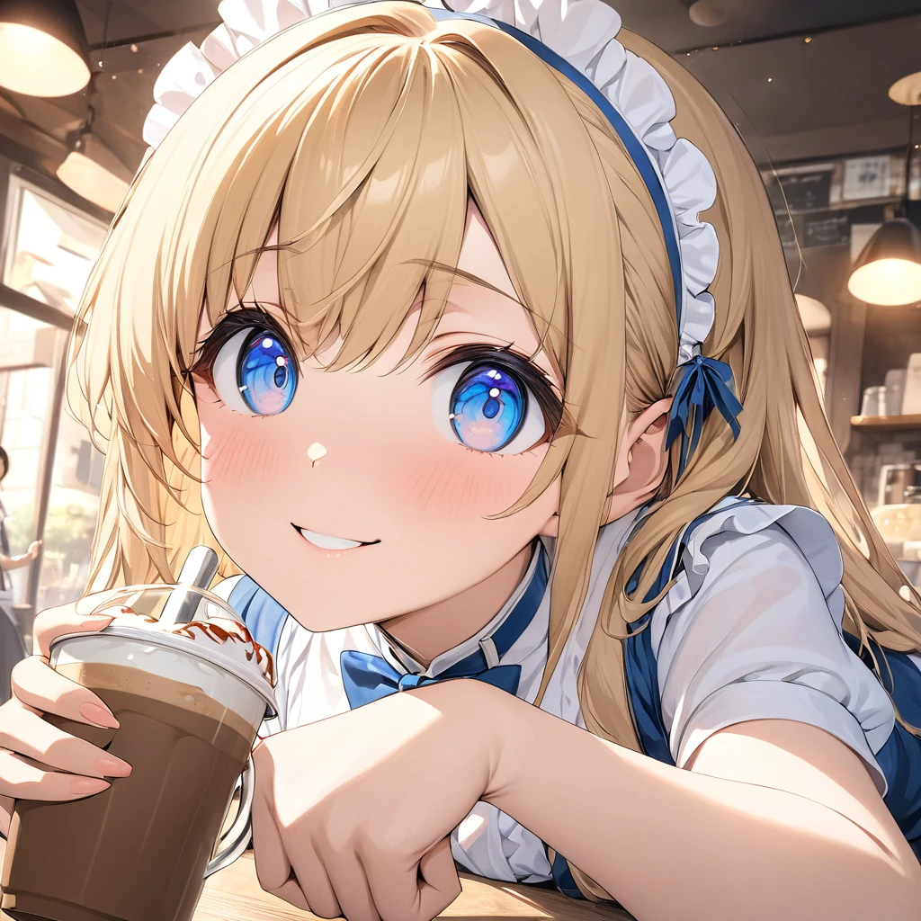 (masterpiece: 1.2), (Very detailed: 1.2), (Very detailed CG: 1.2), (High image quality: 1.2), (Please redeem), 8k, Anime illustration, perfect lighting, tree々Sunlight shining through, Cheeky girl , (blonde: 1, Long Hair, blue eyes: 1.2), (Maid uniform), (Selfie, Fisheye Lens), cute, ((An innocent smile)), hair ornament, (Selfie with a coffee shop in the background), One Girl