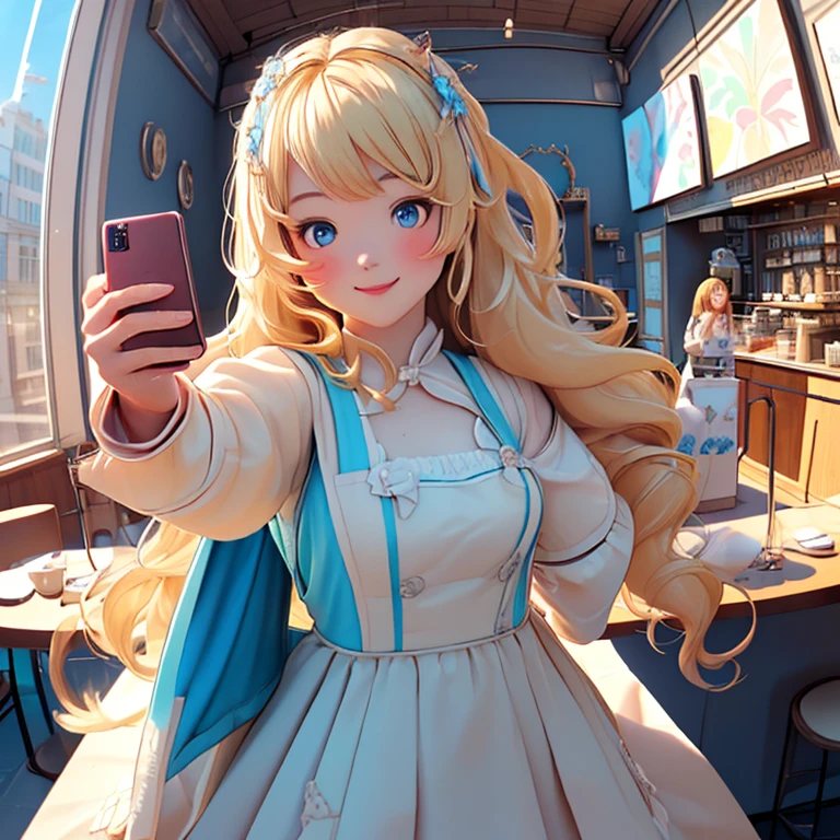 (masterpiece: 1.2), (Very detailed: 1.2), (Very detailed CG: 1.2), (High image quality: 1.2), (Please redeem), 8k, Anime illustration, perfect lighting, tree々Sunlight shining through, Cheeky girl , (blonde: 1, Long Hair, blue eyes: 1.2), (Maid uniform), (Selfie, Fisheye Lens), cute, ((An innocent smile)), hair ornament, (Selfie with a coffee shop in the background), One Girl