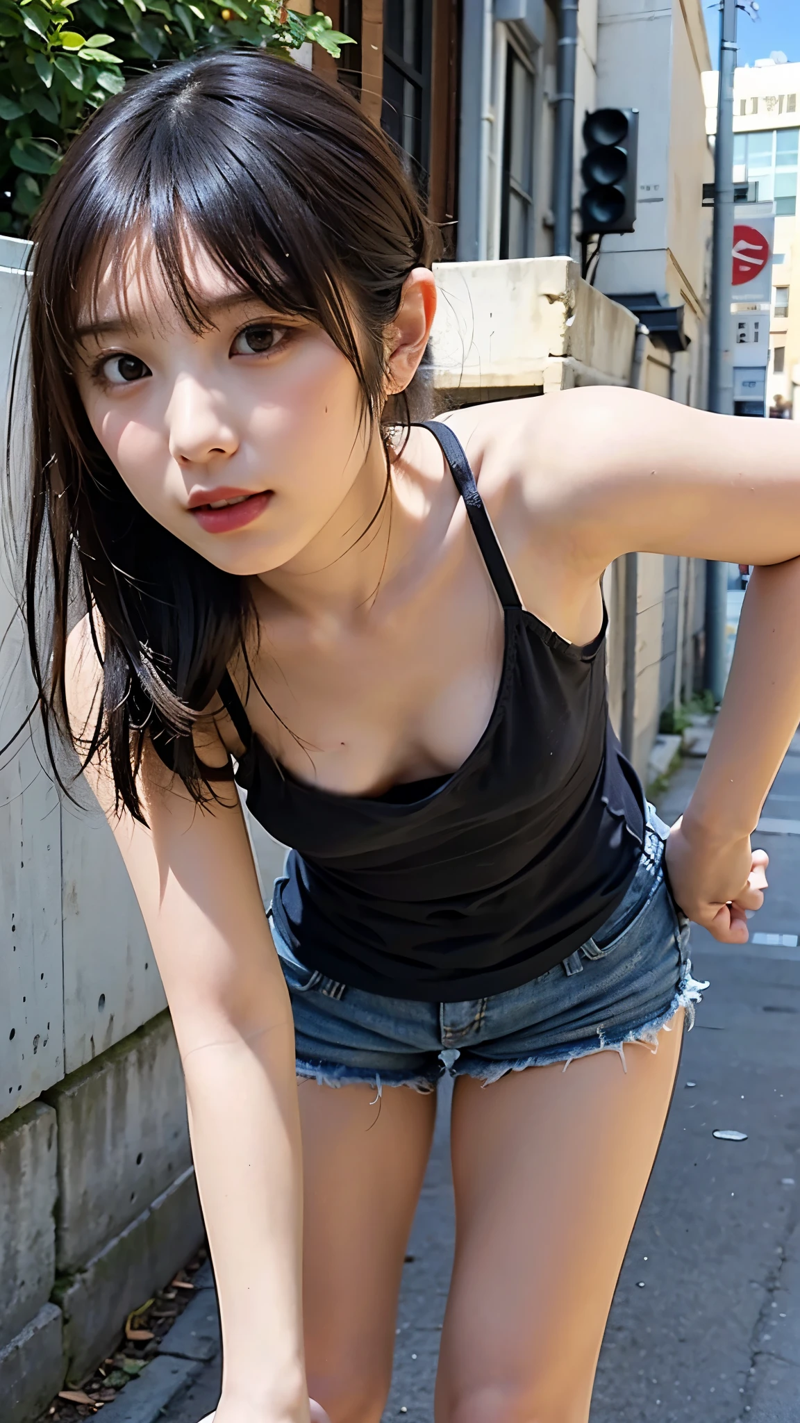 (Realistic, photo-Realistic), (Best Quality, masterpiece), High resolution, Intricate details, Very detailed, Sharp focus, Cinematic Lighting, (whole body), Alone, One girl, Japanese female idols, Standing leaning forward, (loose tank top, Shorts), (Small breasts, Down blouse:1.3), (Obscene expression, , Small face, Detailed face, Detailed eyes, A sophisticated nose), Black Hair, Pale skin, photo background, Outdoor, Downtown, alley, Blue sky and clouds, 