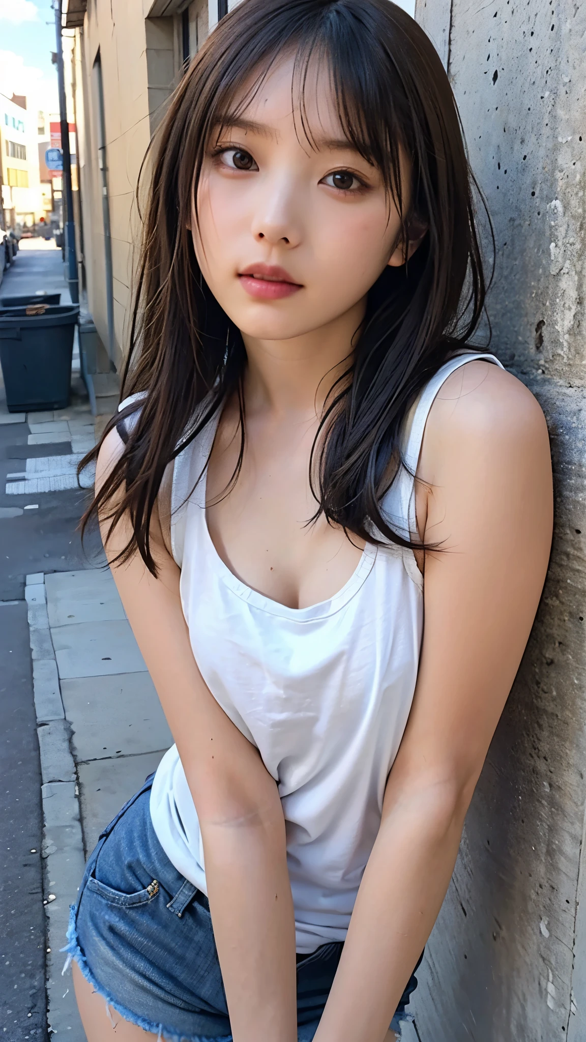 (Realistic, photo-Realistic), (Best Quality, masterpiece), High resolution, Intricate details, Very detailed, Sharp focus, Cinematic Lighting, (whole body), Alone, One girl, Japanese female idols, Standing leaning forward, (loose tank top, Shorts), (Small breasts, Down blouse:1.3), (Obscene expression, , Small face, Detailed face, Detailed eyes, A sophisticated nose), Black Hair, Pale skin, photo background, Outdoor, Downtown, alley, Blue sky and clouds,