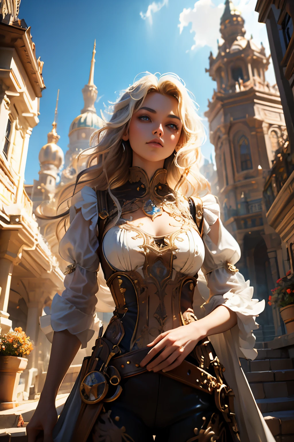 Create an illustration depicting a  overlooking a steampunk cityscape. The girl has dark skin, short blonde hair and shiny blue eyes. The girl should be standing in a vantage point, Rooftops, bridges, etc., Look down on the intricately designed steampunk city below. The cityscape should be meticulous and detailed, Showcase the intricacies of gears, pipes, And glamorous architecture. Her expression was、It should be one of the surprises and curiosities when observing a bustling city full of mechanical wonders, blimp, And glamorous architecture. Surround the scene with a warm atmosphere, Golden light to enhance the atmosphere, Emphasize brass and copper tones of steampunk elements. Capturing the adventurous spirit and charm in the eyes of a girl, Reflecting the charm of the fantastic steampunk world around her. The whole illustration should have a nostalgic vibe, Girl smiles. highly detailed, vibrant appearance, creative behavior, extremly detailed, imaginative, sensual, spontaneous, highest quality, skin texture, intricate details, (cinematic lighting), RAW photo, 8k, masterpiece,best quality,ultra-detailed,very detailed illustrations,extremely detailed,intricate details,highres,super complex details,extremely detailed 8k cg wallpaper,