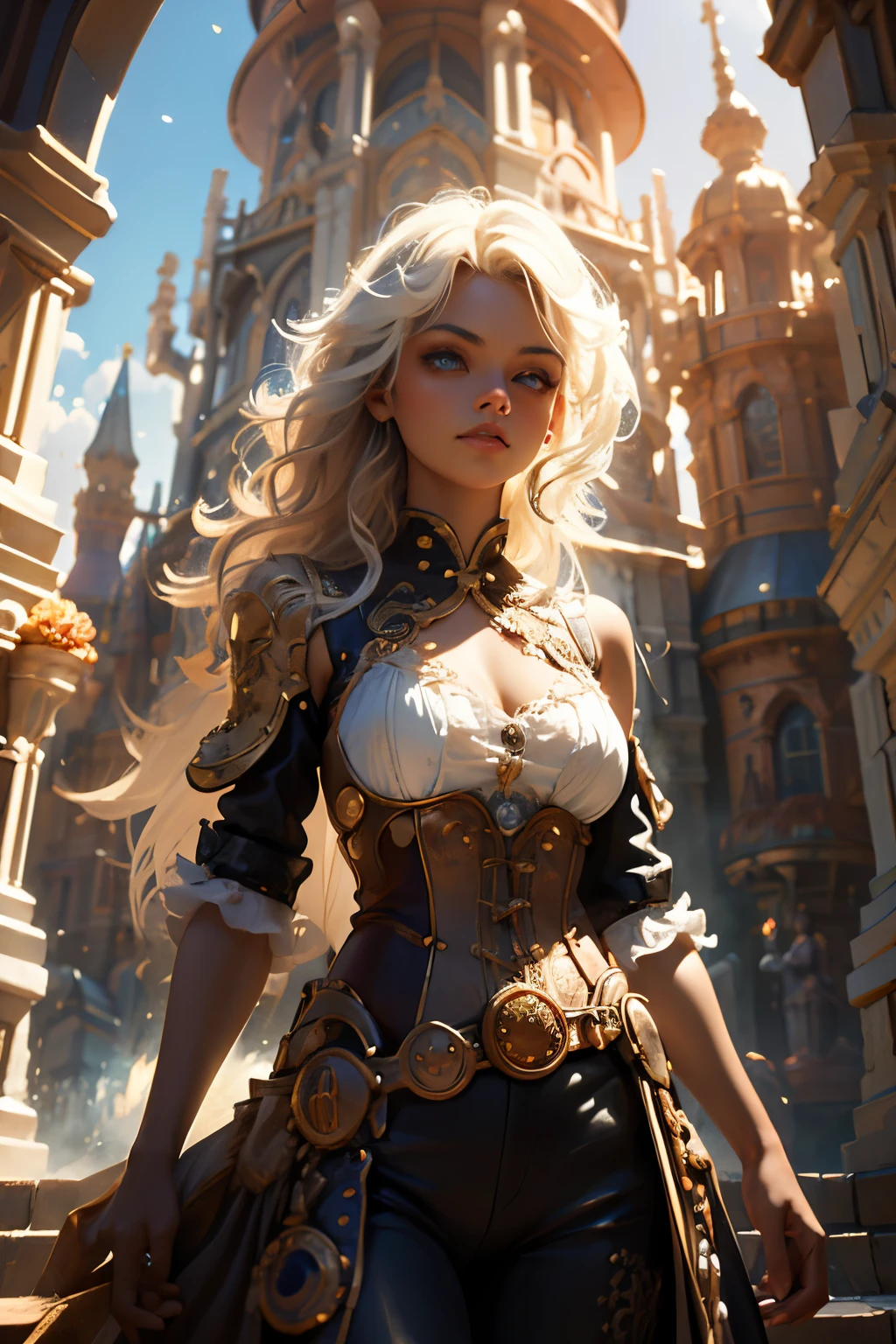 Create an illustration depicting a  overlooking a steampunk cityscape. The girl has dark skin, short blonde hair and shiny blue eyes. The girl should be standing in a vantage point, Rooftops, bridges, etc., Look down on the intricately designed steampunk city below. The cityscape should be meticulous and detailed, Showcase the intricacies of gears, pipes, And glamorous architecture. Her expression was、It should be one of the surprises and curiosities when observing a bustling city full of mechanical wonders, blimp, And glamorous architecture. Surround the scene with a warm atmosphere, Golden light to enhance the atmosphere, Emphasize brass and copper tones of steampunk elements. Capturing the adventurous spirit and charm in the eyes of a girl, Reflecting the charm of the fantastic steampunk world around her. The whole illustration should have a nostalgic vibe, Girl smiles. highly detailed, vibrant appearance, creative behavior, extremly detailed, imaginative, sensual, spontaneous, highest quality, skin texture, intricate details, (cinematic lighting), RAW photo, 8k, masterpiece,best quality,ultra-detailed,very detailed illustrations,extremely detailed,intricate details,highres,super complex details,extremely detailed 8k cg wallpaper,