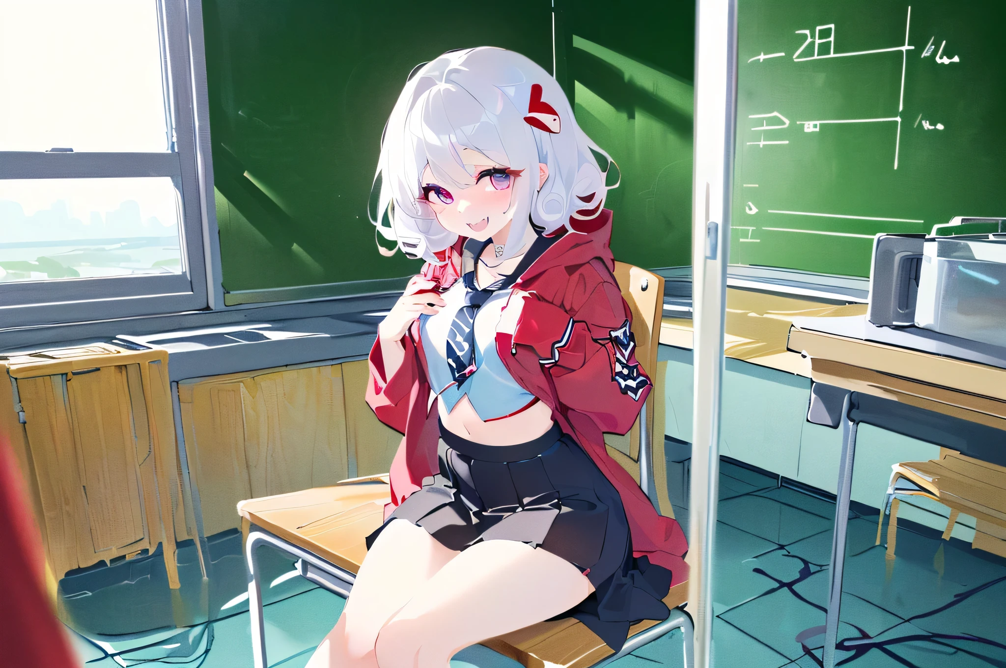 1girl, (Taken from a distance:1.5),(frontal:1.5),(Sitting on a soft chair:1.5),(school, Red hooded jacket with hood,  black skirt, long shirt, tie, classroom, window, Lots of chairs and desks, blackboard, morning, window으로 들어오는 햇빛, azure, Beautiful shade, Lively:1.5), (morning, Sunshine:1.5), (Beautiful shade:1.5),(A well-made chest, shark teeth, sharp teeth:1.5), (Purple eyes:1.5), (White hair, curly short hair, The lower part of the hair is dyed pink.:1.5), (Barefoot, flushing:1.5), (Smiling faintly, flushing, Ashamed:1.5),(sunken waist:1.5), (Chubby legs and butt :1.3)
