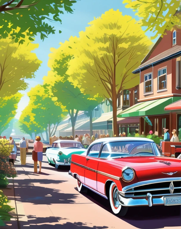 A classic car show set in the 1960s. Vintage cars in pristine condition line a sunny, tree-lined street. Spectators in period-appropriate attire admire the vehicles, and a retro diner sits in the background