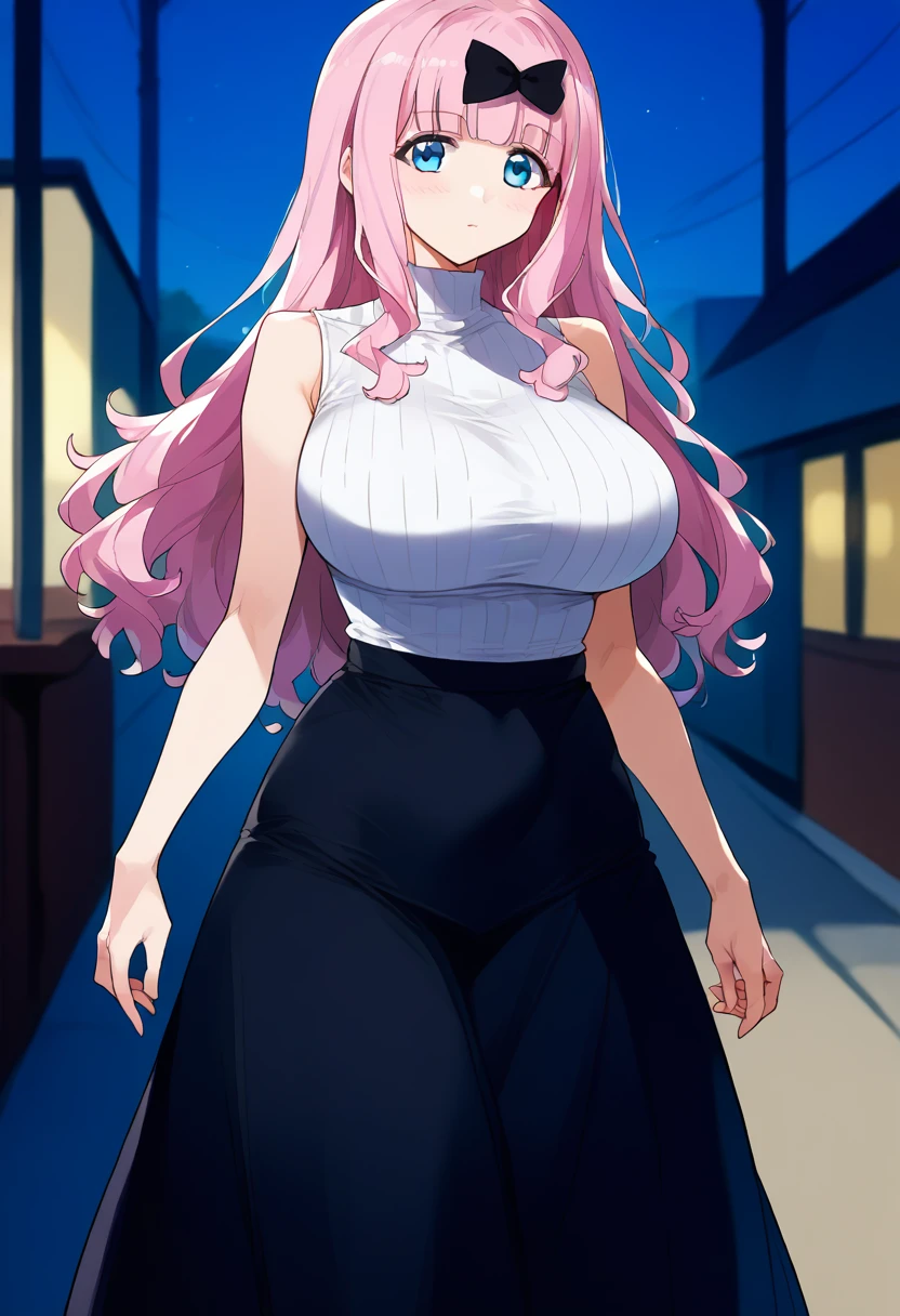 score_9, score_6_up, source_anime, 1girl, solo, , cowboy shot, chika, blue eyes, pink hair, hair bow, black bow,, huge breasts 、High neck sleeveless white ribbed T-shirt、ハイウエストBlack long skirt、Are standing、