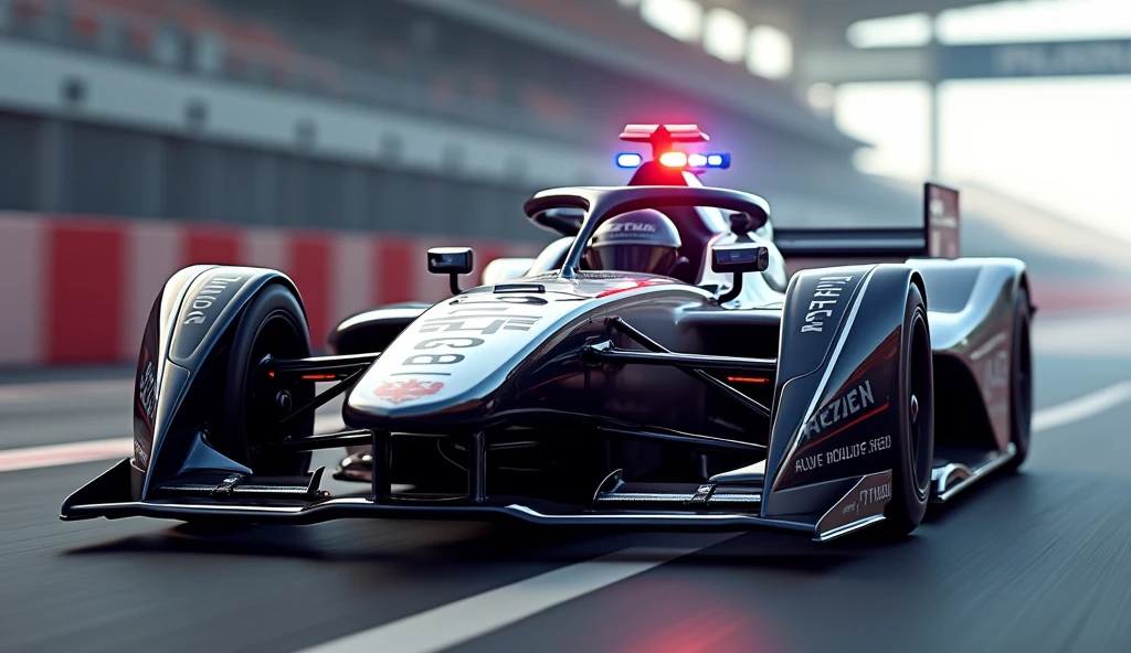 Formula car with police car paint, black and white Japanese police spec, The red police light flashes