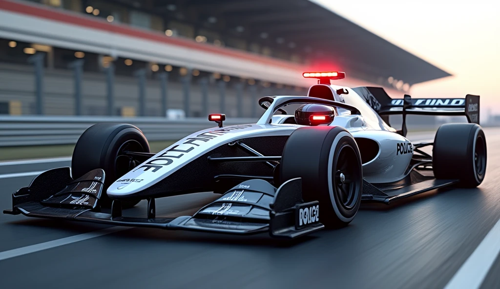 Formula car with police car paint, black and white Japanese police spec, The red police light flashes