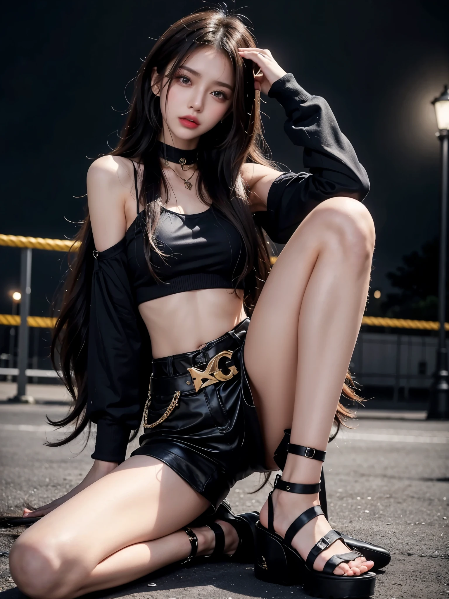 A young woman sitting on the ground in a stylish streetwear outfit. She is wearing a gold crop top paired with high-waisted black shorts, and a white studded belt around her waist. She has long, wavy hair that cascades over her shoulders. Her legs are adorned with thigh-high white leg warmers over chunky black platform sandals, creating a bold and fashionable look. The scene is set in an urban parking lot at night, with metal fencing and dim streetlights in the background, adding a gritty, edgy atmosphere. Her pose is casual yet confident, with her hands resting behind her head and one leg bent