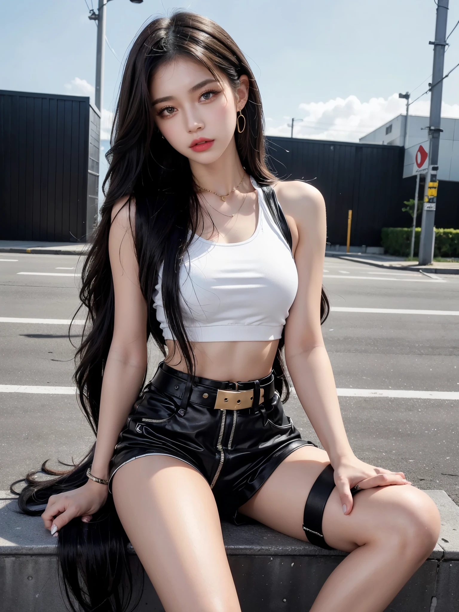 A young woman sitting on the ground in a stylish streetwear outfit. She is wearing a gold crop top paired with high-waisted black shorts, and a white studded belt around her waist. She has long, wavy hair that cascades over her shoulders. Her legs are adorned with thigh-high white leg warmers over chunky black platform sandals, creating a bold and fashionable look. The scene is set in an urban parking lot at night, with metal fencing and dim streetlights in the background, adding a gritty, edgy atmosphere. Her pose is casual yet confident, with her hands resting behind her head and one leg bent