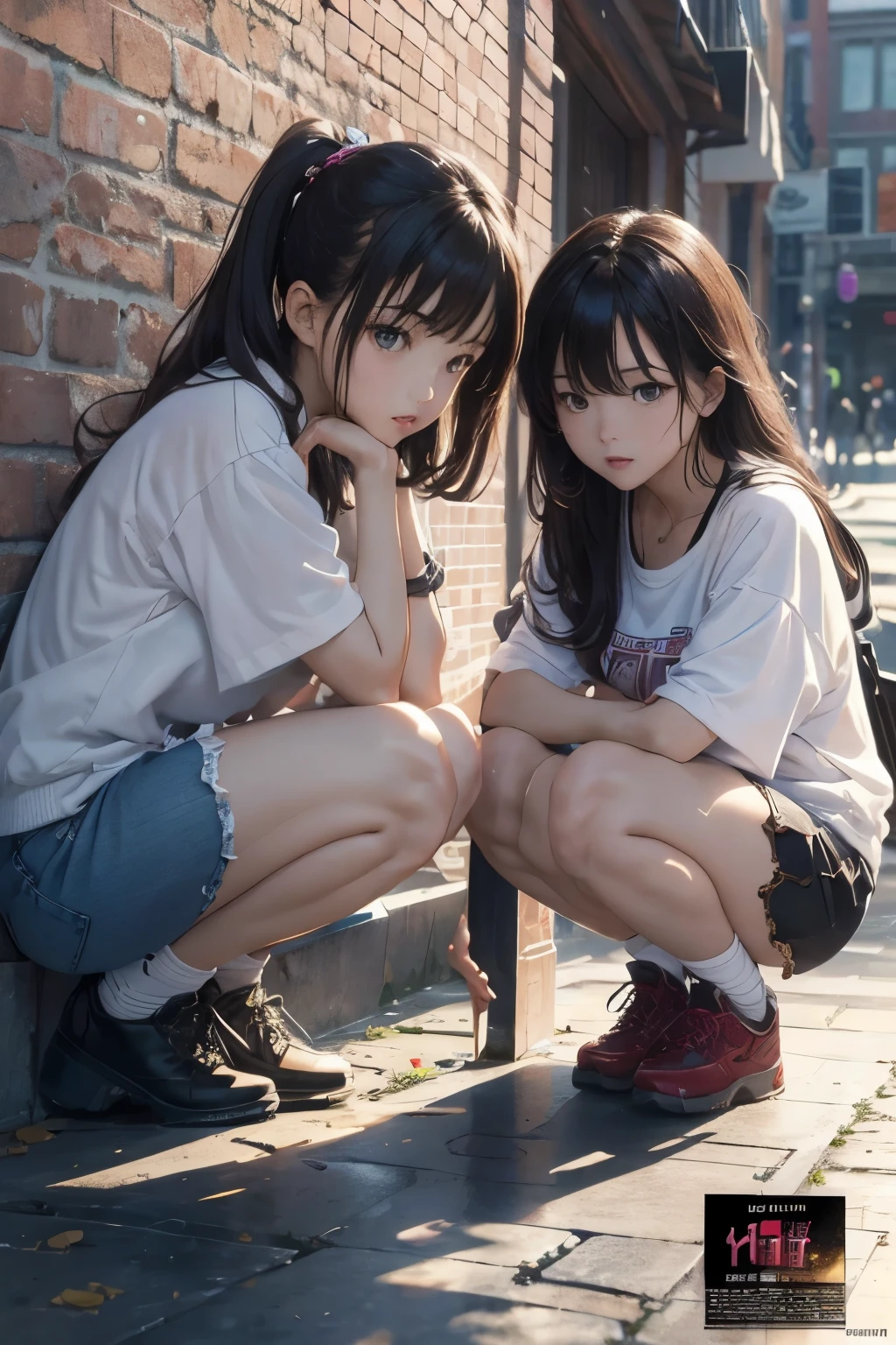 campus,two girls,,beautiful,hug together,Uniforms,coat,Short skirt,Bare legs,White socks,sports shoes,emaciated,thin legs