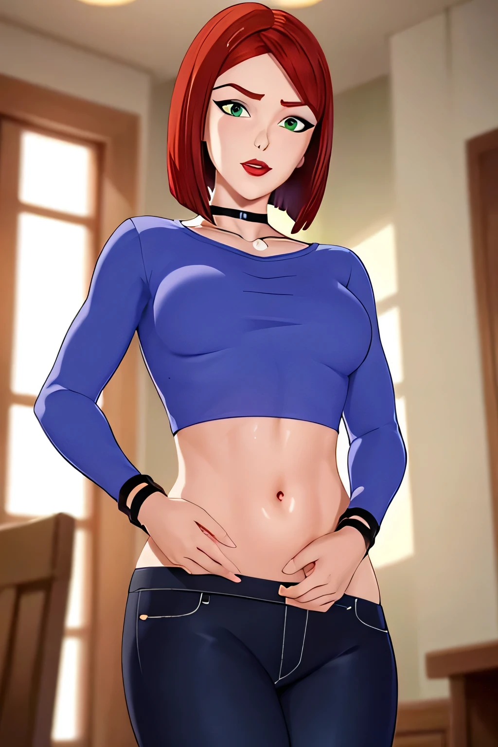 super fine illustration, vibrant colors, masterpiece, sharp focus, best quality, depth of field, looking down, cinematic lighting, ultra detailed, solo, 1girl, bellybutton, navel, tummy, choker, jewelry, necklace, black choker, blue shirt, crop top, long sleeves, black_pants, jeans, denim, wristband, red hair, short hair, green eyes, makeup, lipstick, red lips, bob cut, lips, mature woman, indoors, small breasts, CARTOON_merry_jane_watson_SMTAS_ownwaifu, www.ownwaifu.com, hips, slim, slender, embarrassed, open mouth, hand on own stomach, blush, teeth