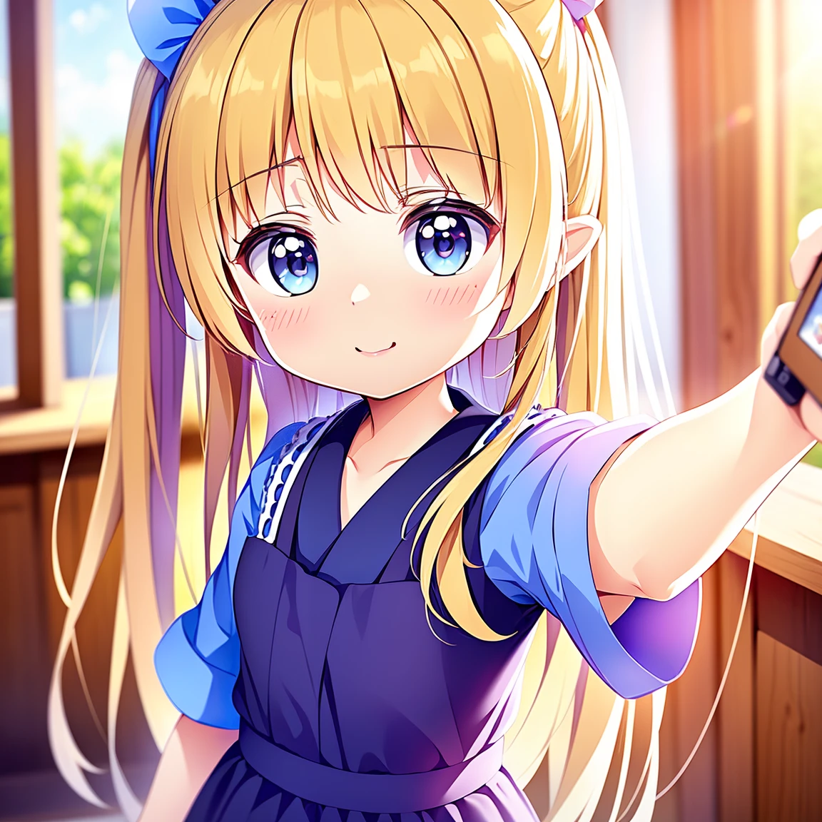 (masterpiece: 1.2), (Very detailed: 1.2), (Very detailed CG: 1.2), (High image quality: 1.2), (Please redeem), 8k, Anime illustration, perfect lighting, tree々Sunlight shining through, Cheeky girl , (blonde: 1, Long Hair, blue eyes: 1.2), (Maid uniform), (Selfie, Fisheye Lens), cute, ((An innocent smile)), hair ornament, (Selfie with a coffee shop in the background), One Girl