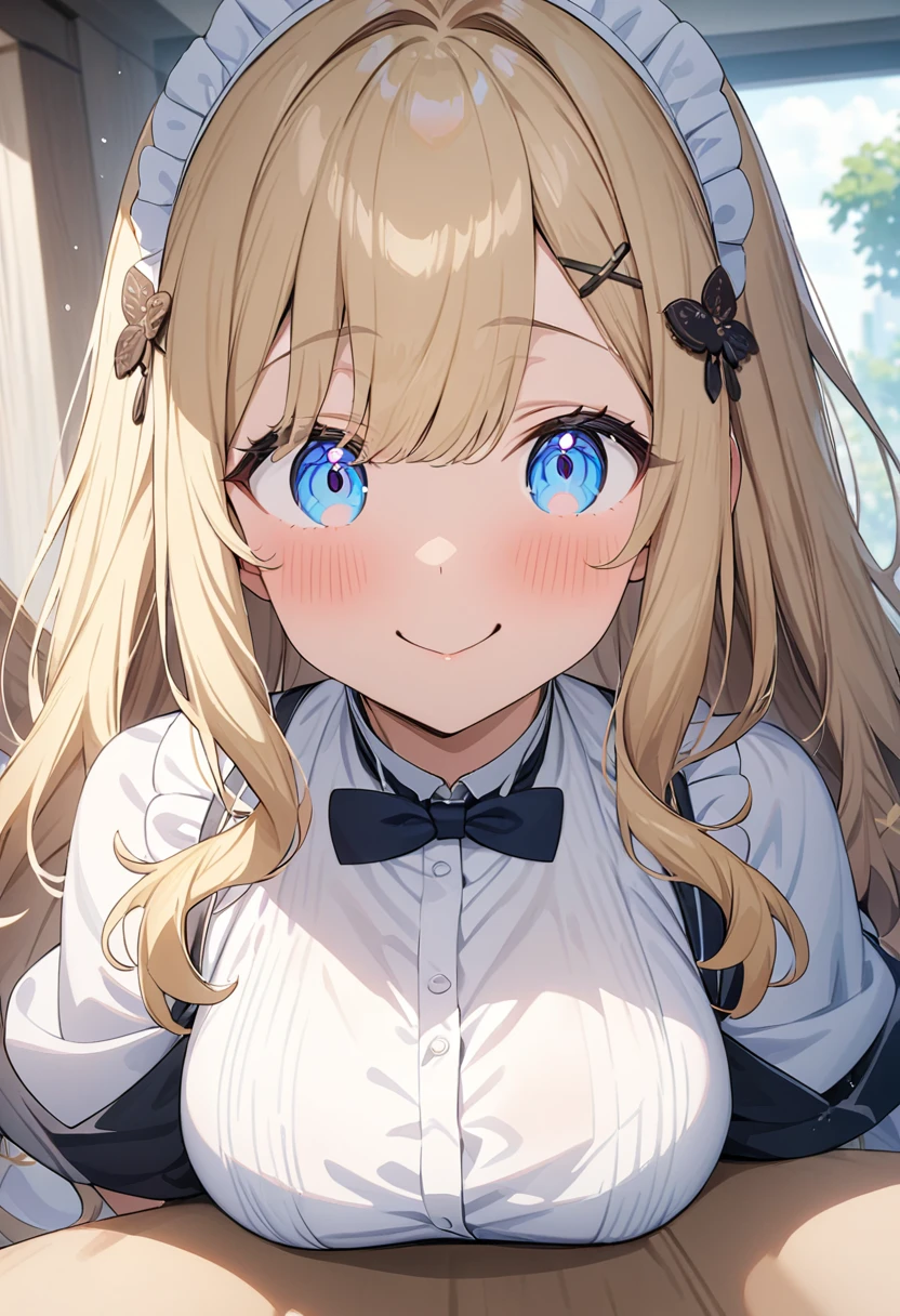 (masterpiece: 1.2), (Very detailed: 1.2), (Very detailed CG: 1.2), (High image quality: 1.2), (Please redeem), 8k, Anime illustration, perfect lighting, tree々Sunlight shining through, Cheeky girl , (blonde: 1, Long Hair, blue eyes: 1.2), (Maid uniform), (Selfie, Fisheye Lens), cute, ((An innocent smile)), hair ornament, (Selfie with a coffee shop in the background), One Girl