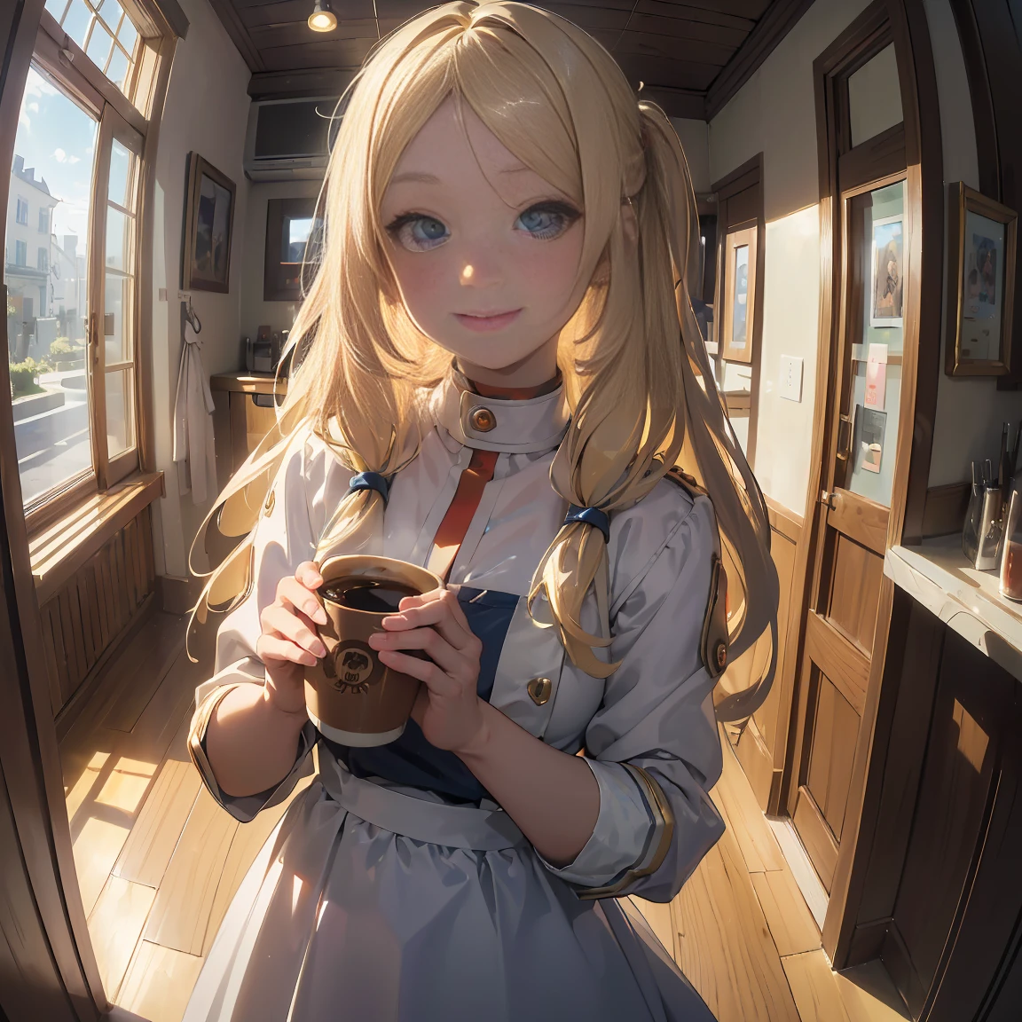 (masterpiece: 1.2), (Very detailed: 1.2), (Very detailed CG: 1.2), (High image quality: 1.2), (Please redeem), 8k, Anime illustration, perfect lighting, tree々Sunlight shining through, Cheeky girl , (blonde: 1, Long Hair, blue eyes: 1.2), (Maid uniform), (Selfie, Fisheye Lens), cute, ((An innocent smile)), hair ornament, (Selfie with a coffee shop in the background), One Girl