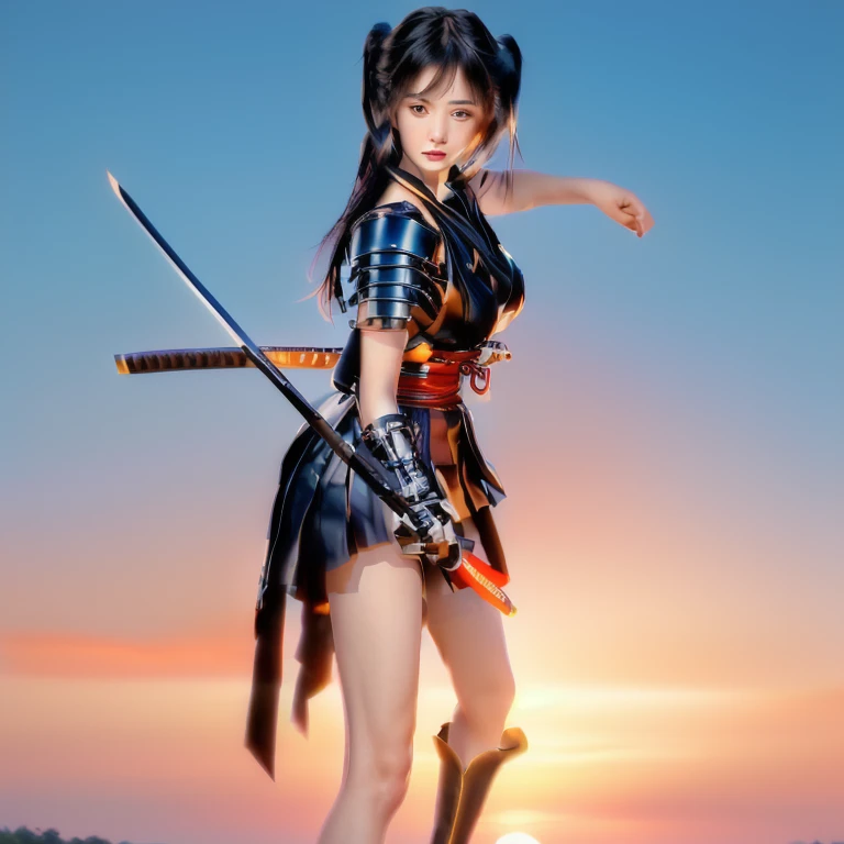 (Close up portrait of one slender small breasts two side up black medium hair with bangs girl in a black colored samurai armor in Japan:1.5)、(One girl makes fighting pose with holding sword on the grassland in Japan:1.5)、(Beautiful sunset red sky:1.5)、(blurred background:1.5)、(Natural light:1.5)、(8k ultra detailed master piece:1.5)、(perfect anatomy:1.5)、(Photorealistic stick:1.5)、(Raw photo:1.3)、(highest quality:1.5)、(High resolution:1.3)、(Delicate and beautiful perfect face:1.3)、(Delicate and beautiful eye air skin:1.3)、(Real Human Skin:1.3)、((thin legs))