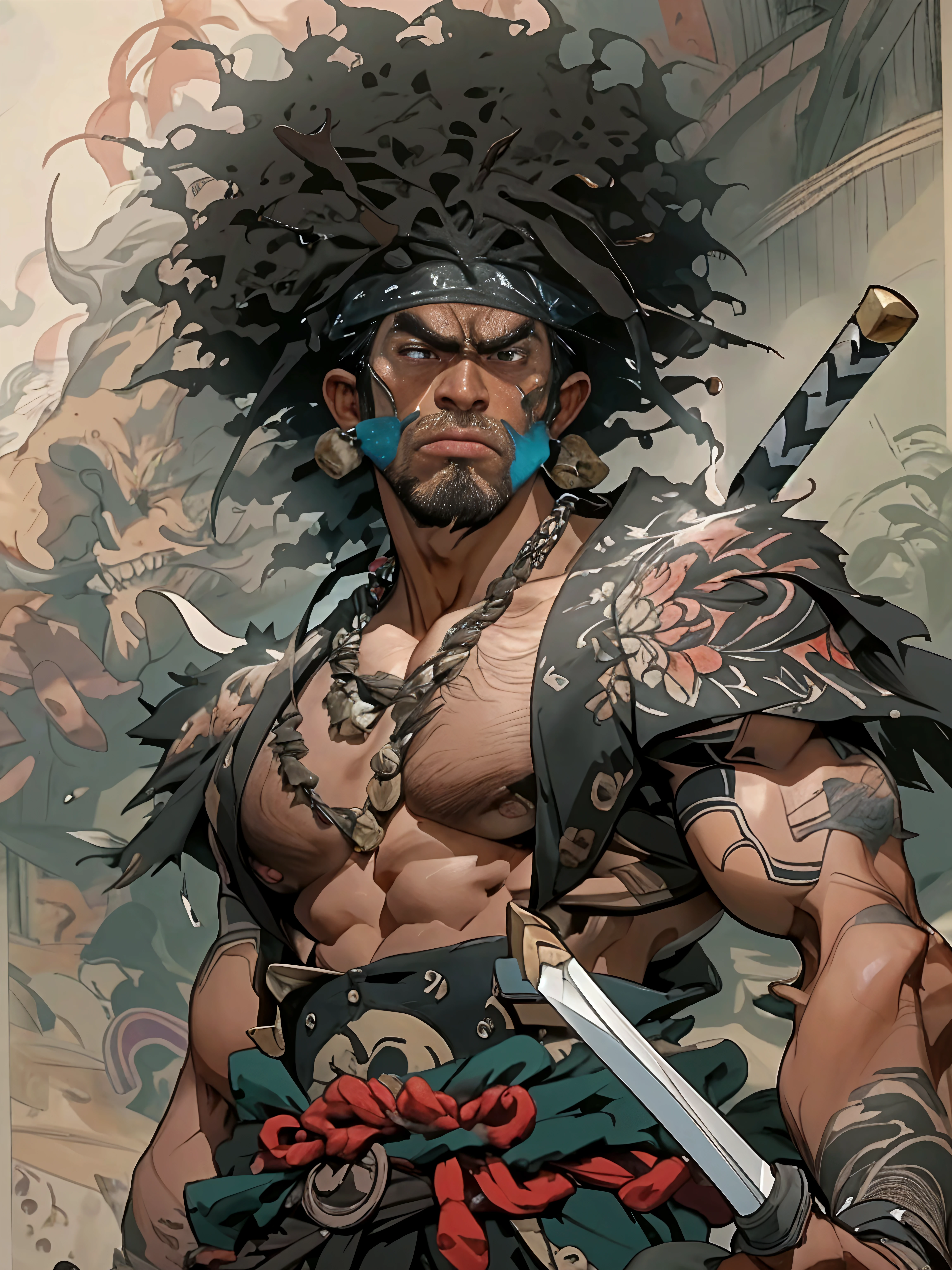 Handsome boy and muscular as samurai X, ronin cool guy pony tail hair styles)), wearing ninja suite, ((washing the katana sword in the rivers)),(((blue_eyes:1.3))),intricate eyes, detailed eyes,symmetrical eyes,(((lustrous skin:1.5,tanned skin,bright skin: 1.5))),((detailed face)),(((prominent ears,long ears))),slim build man.