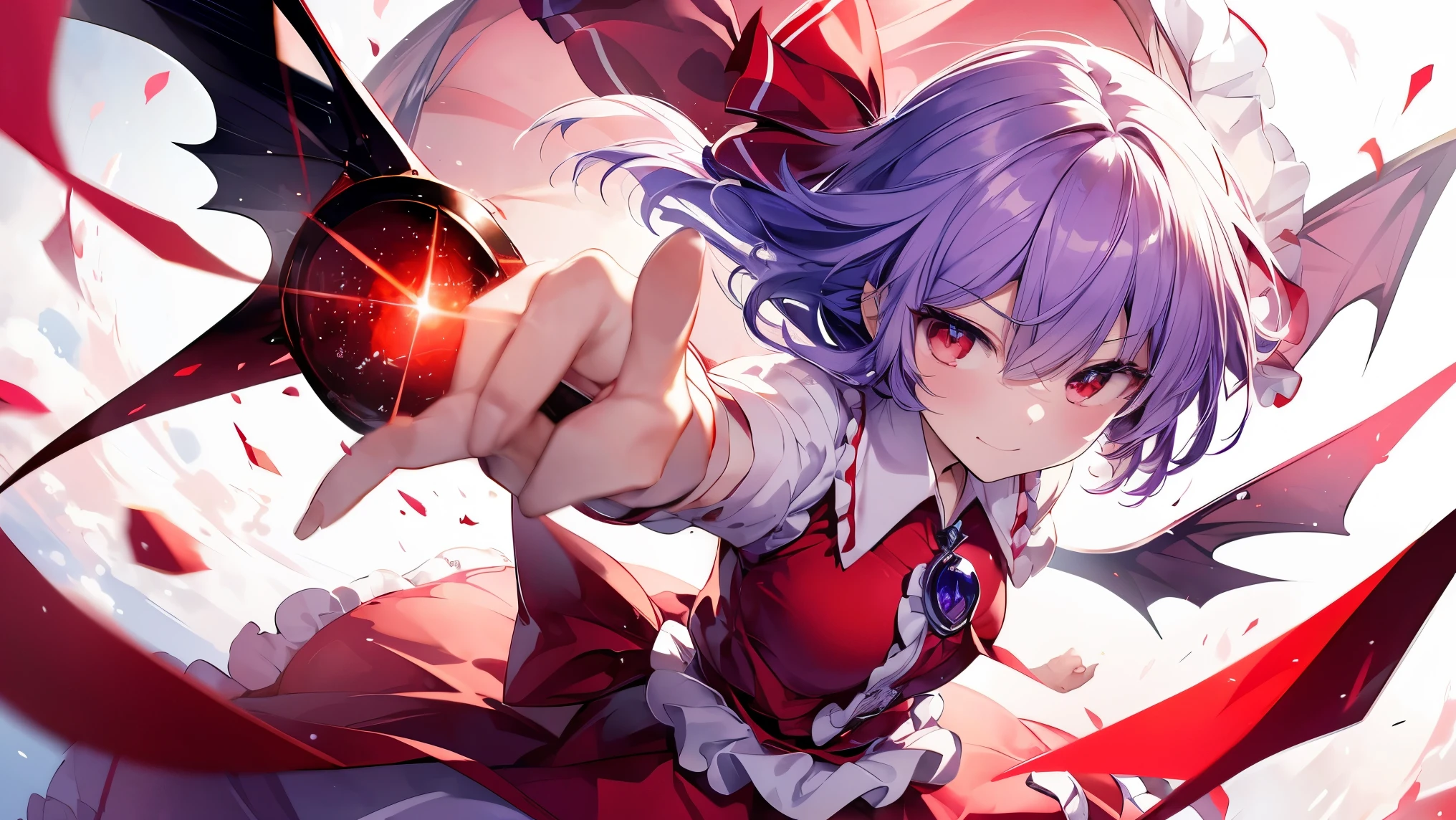 An illustration of the Touhou character Remilia Scarlet。Red glowing eyes、They are attacking with red magic.。A dynamic red magic bullet heading towards you。Dynamic movement、Serious expression。Standing pose。A dignified atmosphere。solo、Beautiful and delicate eyes，Simple and solid background。Light purple hair color。Front view。Wearing the clothes worn by Remilia Scarlet。Anatomically correct illustration。Staring into the camera。The eyes are emphasized,Detailed illustrations。