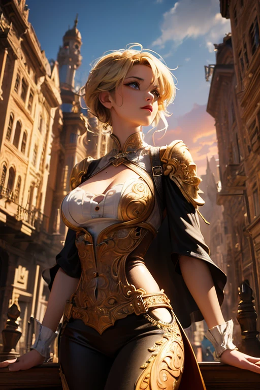 Create an illustration depicting a  overlooking a steampunk cityscape. The girl has dark skin, short blonde hair and shiny blue eyes. The girl should be standing in a vantage point, Rooftops, bridges, etc., Look down on the intricately designed steampunk city below. The cityscape should be meticulous and detailed, Showcase the intricacies of gears, pipes, And glamorous architecture. Her expression was、It should be one of the surprises and curiosities when observing a bustling city full of mechanical wonders, blimp, And glamorous architecture. Surround the scene with a warm atmosphere, Golden light to enhance the atmosphere, Emphasize brass and copper tones of steampunk elements. Capturing the adventurous spirit and charm in the eyes of a girl, Reflecting the charm of the fantastic steampunk world around her. The whole illustration should have a nostalgic vibe, Girl smiles. highly detailed, vibrant appearance, creative behavior, extremly detailed, imaginative, sensual, spontaneous, highest quality, skin texture, intricate details, (cinematic lighting), RAW photo, 8k, masterpiece,best quality,ultra-detailed,very detailed illustrations,extremely detailed,intricate details,highres,super complex details,extremely detailed 8k cg wallpaper,