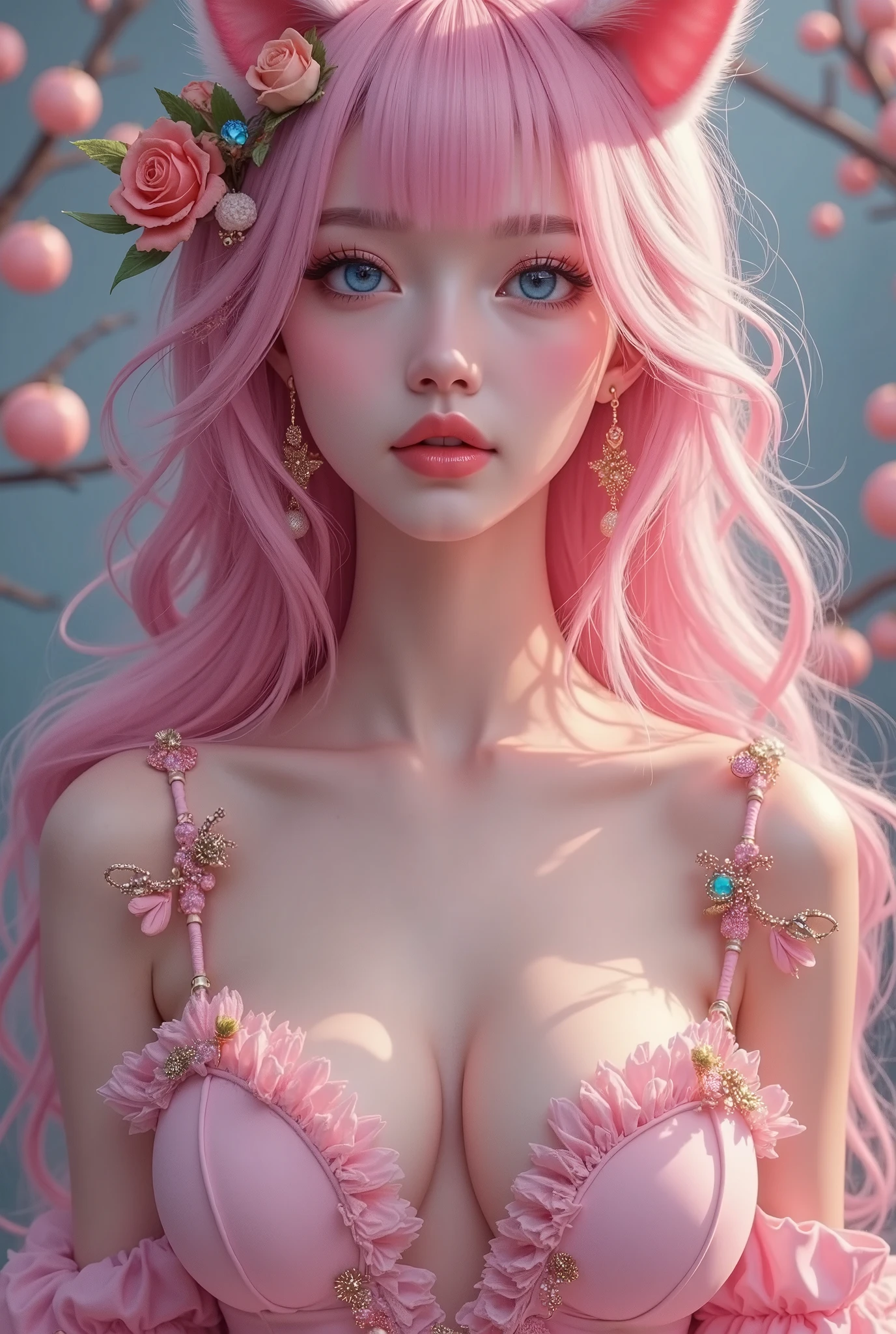 Gorgeus Girl, Beautiful, Baby Face, 20 Years Old, White Skin, Colossal Breasts, ((Anime Cosplay Coatumes)), Pastel Colour, Blue Eye, Halloween Background, Masterpiece, Pink Hair, Sleeveless, Front Fancing, Portrait, westz,