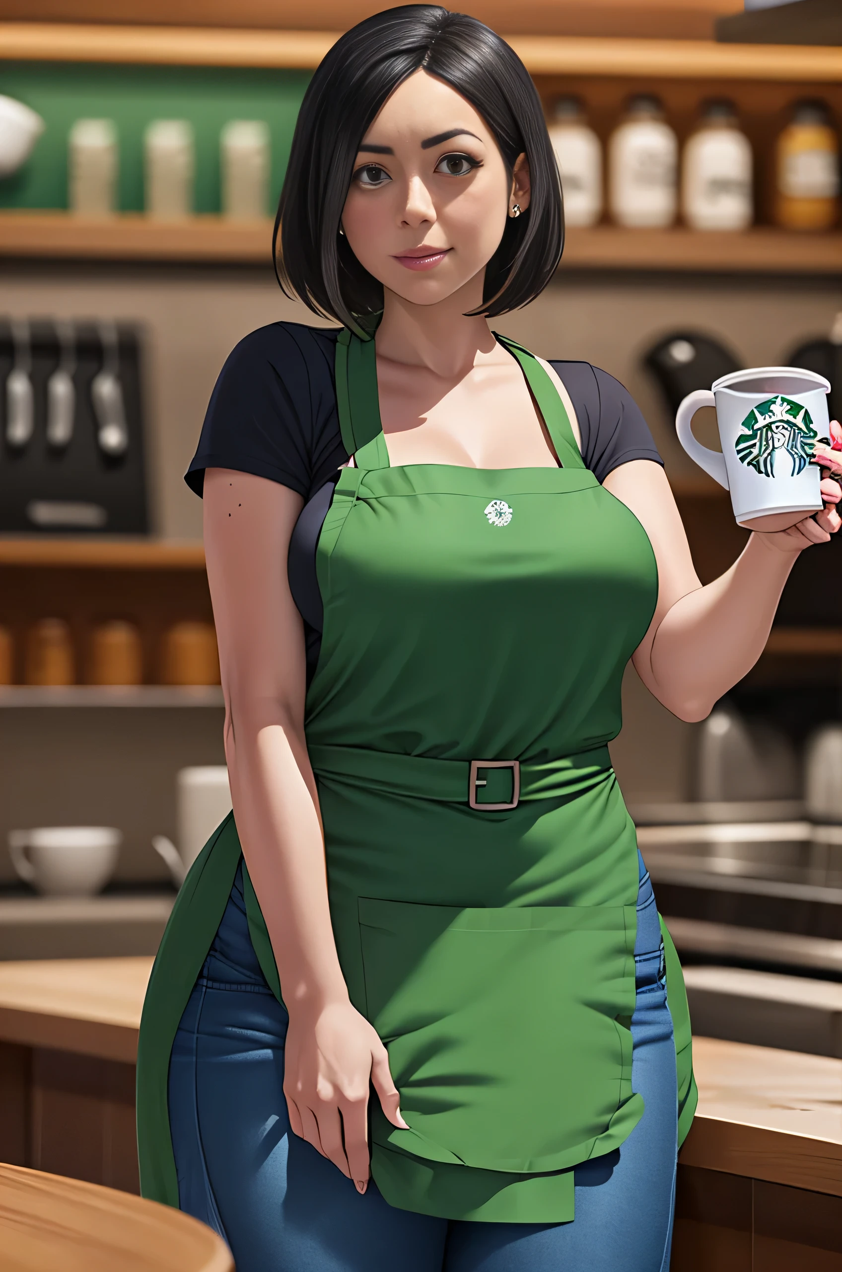 Aubrey Plaza, (Aubrey Plaza:1.5), masterpiece quality, (masterpiece quality:1.3), detailed, realistic, (realistic:1.3), 1girl, solo, (solo:1.9), alone, in a Starbucks coffee shop, coffee in background, wearing a Starbucks uniform, (Starbucks uniform:1.5), wearing a black t-shirt, (black t-shirt:1.5), wearing a green apron, (green apron:1.9), wearing blue jeans, (blue jeans:1.5), black hair, short hair, big breasts, (big breasts:1.2), thin body,