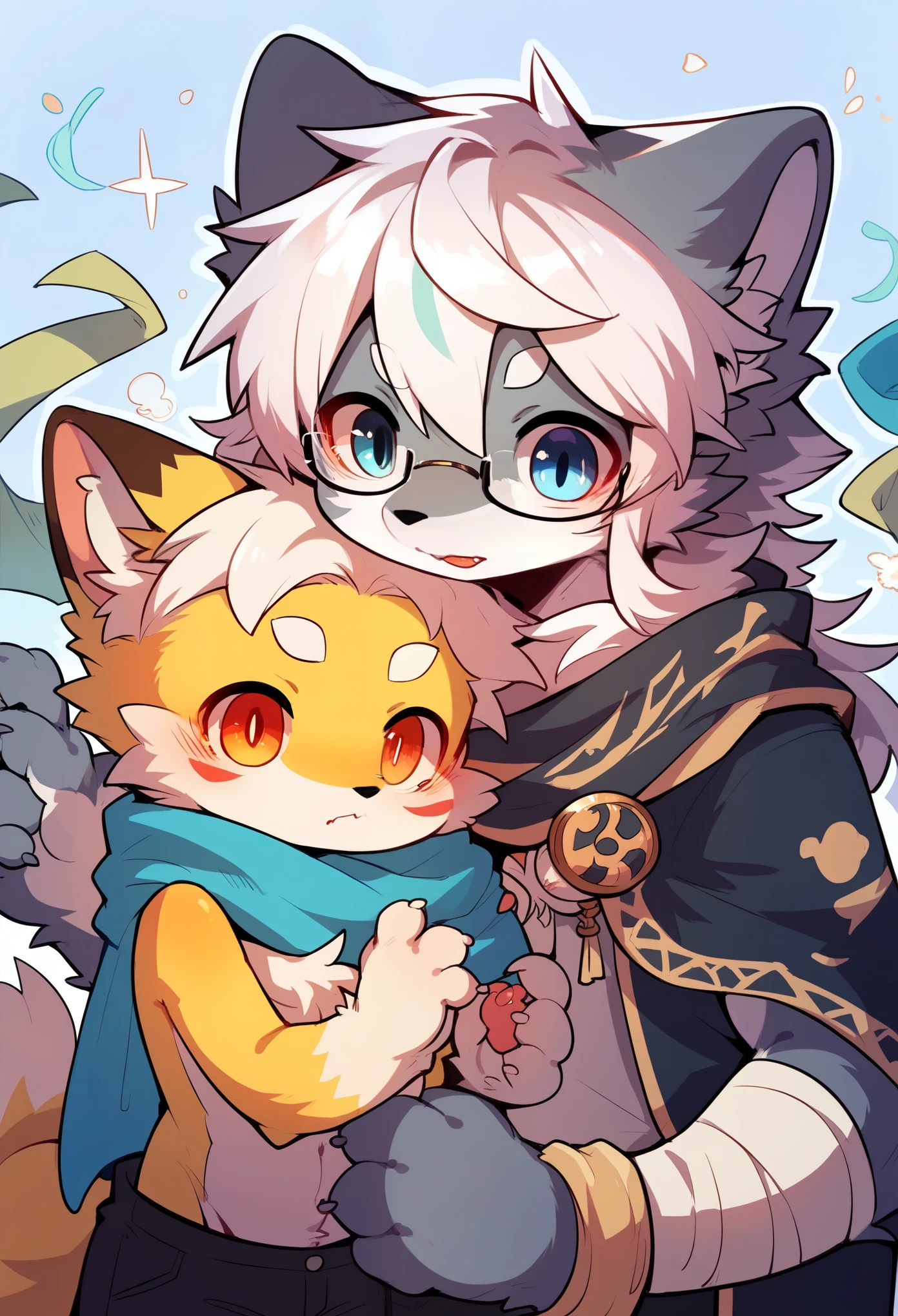 Heterosexual，Fox Boy，furry boy，Characteristics of young children，White hair，Yellow skin，White Arm，scarf，Wolf Girl，furry girl，Baby characteristics，White hair，Gray skin，Shawl，Glasses，