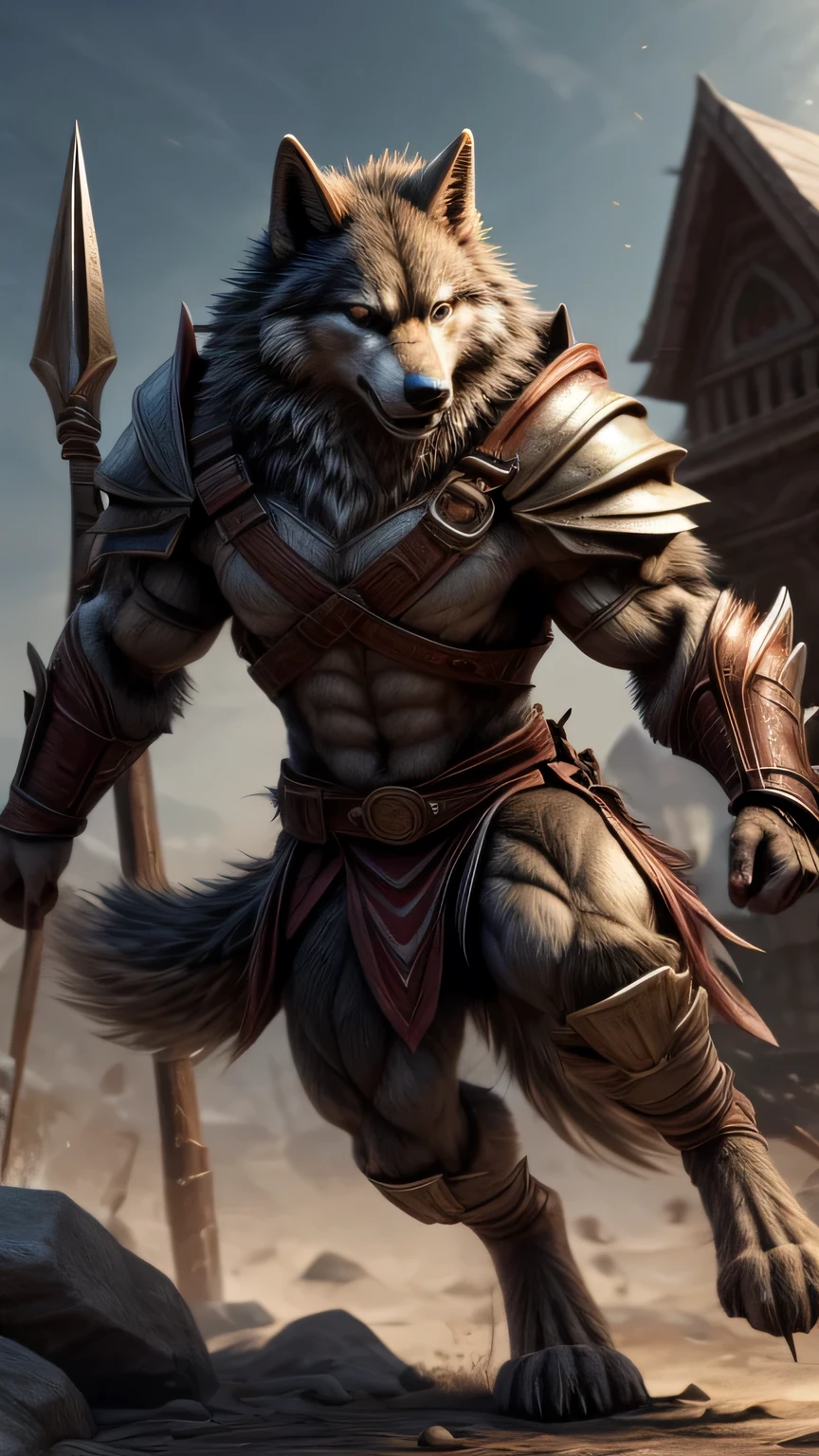 Imagine a swift wolf with human body, muscular and strong body, body with swift wolf skin, humanoid, in Spartan armor, holding a sharp spear, moving with agility and strength, ready to charge forward with fierce determination.
