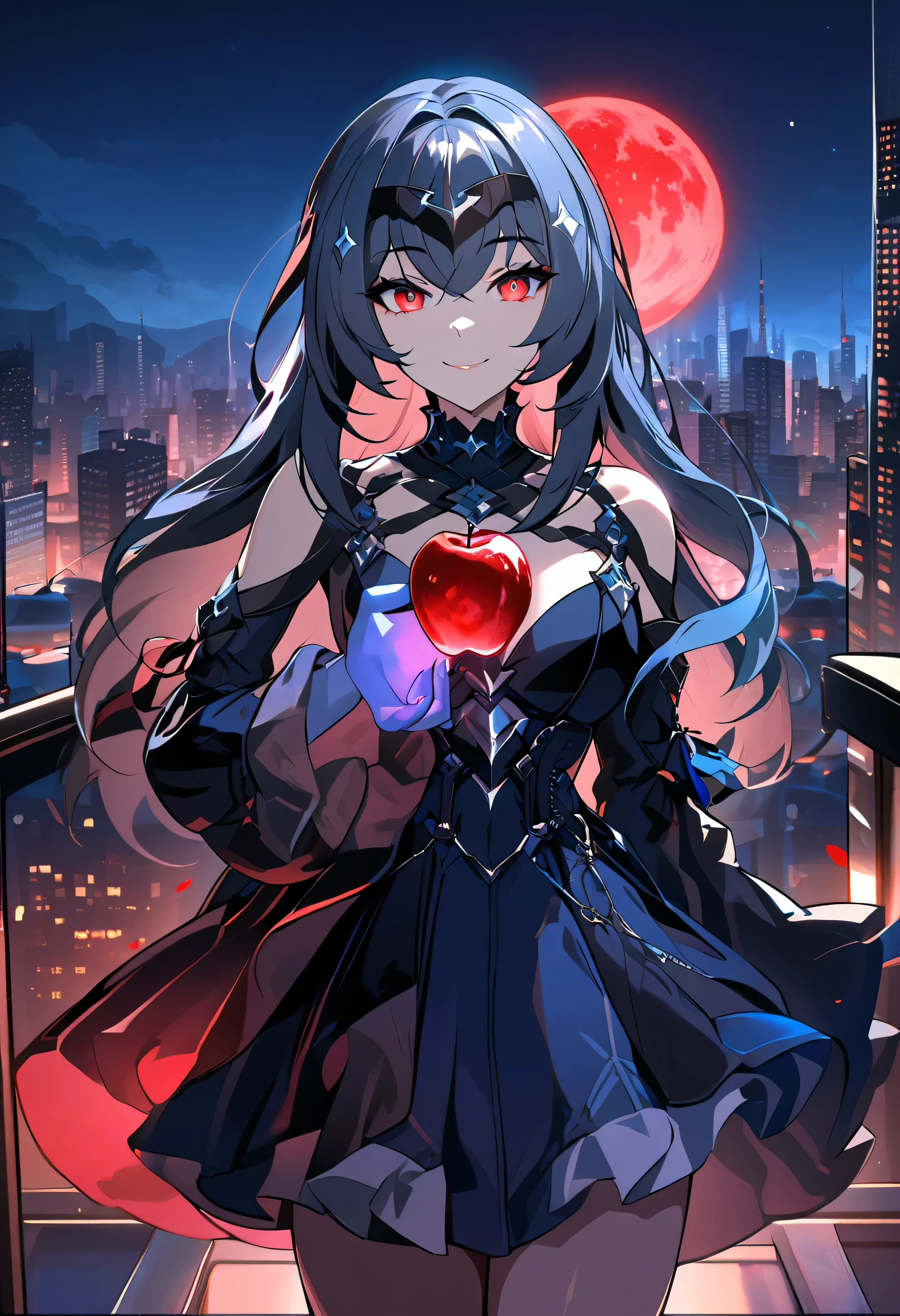 SPPolitis, 1girl, holding blue apple, looking at viewer, rooftop, night, cityscape, neoncity, 1 moon, red moon, red glowing eyes, smile
