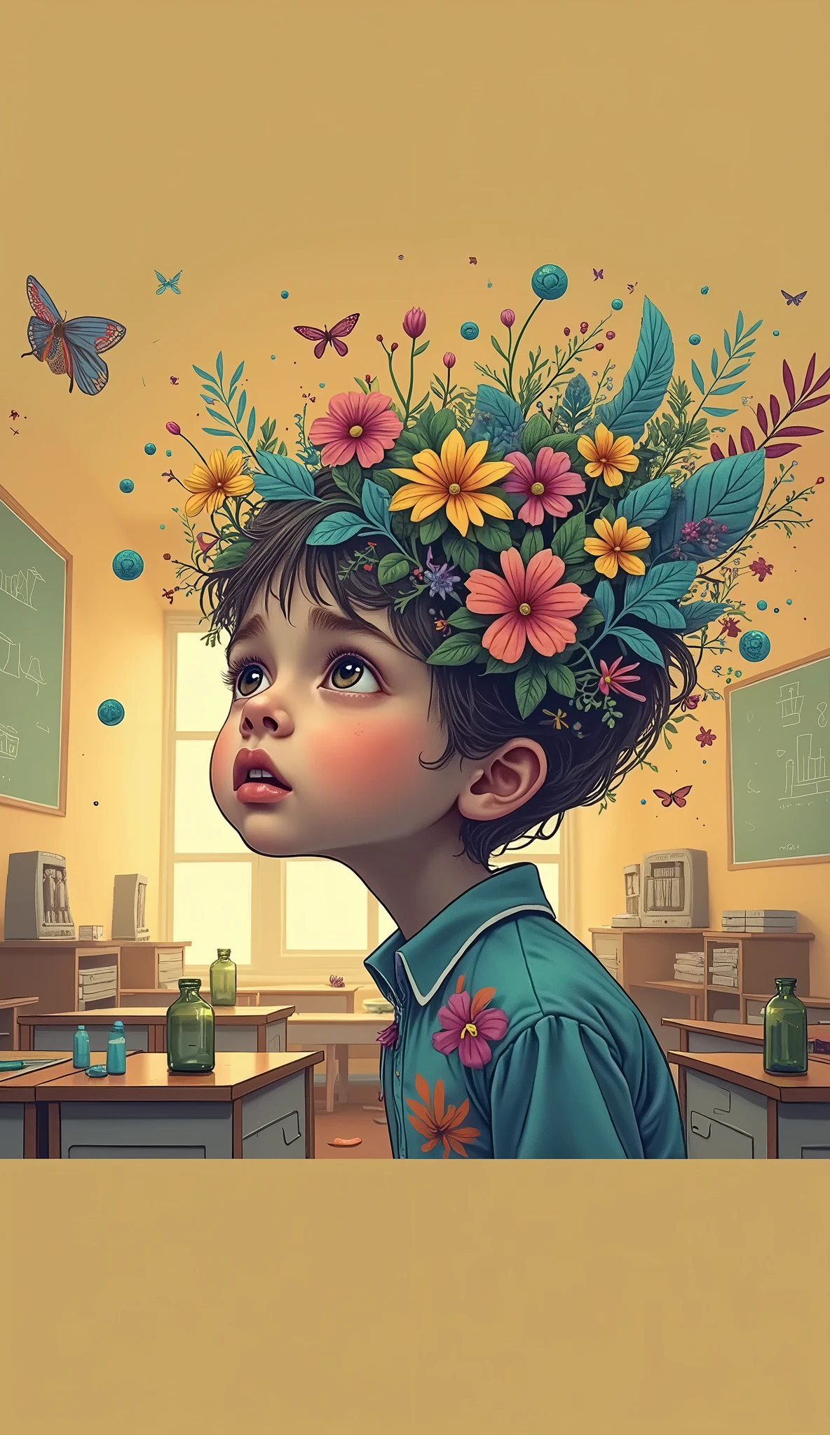 He&#39;s studying in a school uniform, his hair is bald, and a ton of cherry blossom petals are coming out of his head.、Scattered illustrations。Composition from above