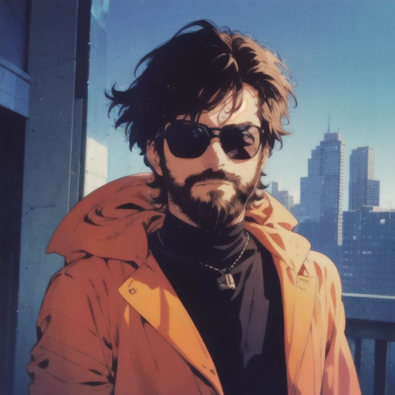 a man with a small beard, wearing sunglasses, glasses connected in one line, a man stands waist-high, looks at the camera, a man dressed in an 80s-style tracksuit, at the back of the house, the sunset is reddening, the white light of a street lamp shines on the man, behind the city, 80s anime style, akira anime style, cyberpunk, old photographic film, music album cover