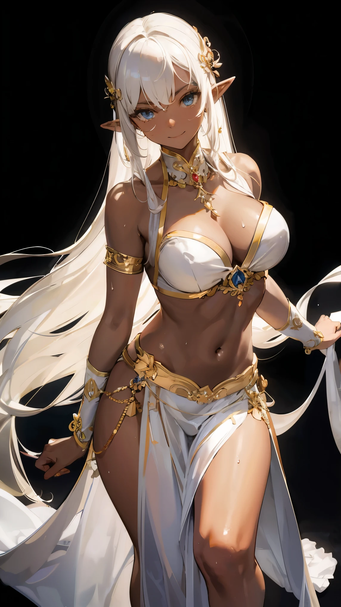 ((masterpiece)), (detailed), perfect face, high detailed eyes, elf, pointy ears, forehead mark, evil smile, white hair, tanned skin, dark skin, dancer, Sensual dance, sensual poses, sweaty skin, torrents of light, Frenzy, trance state, statuesque oblong-shaped face, vivacious eyes, strong hourglass physique, well-built, thick, and alluring, long  toned legs, belly dancer