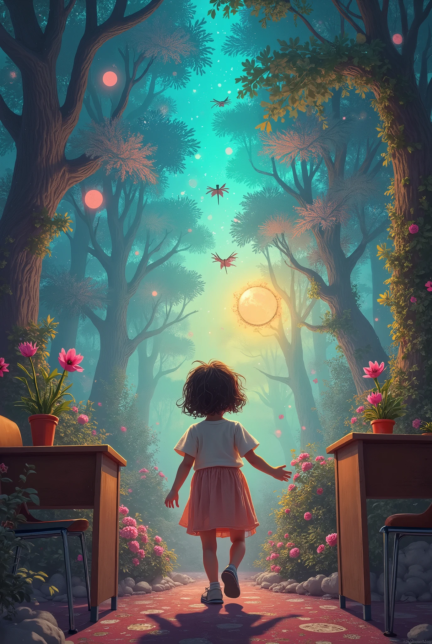 colorful psychedelic art, surreal illustration, young child daydreaming in school, magical imaginative dream, detailed fantasy, vibrant colors, whimsical, ethereal lighting, lush environment, intricate details, awe-inspiring, (best quality,4k,8k,highres,masterpiece:1.2),ultra-detailed,(realistic,photorealistic,photo-realistic:1.37),HDR,UHD,studio lighting,ultra-fine painting,sharp focus,physically-based rendering,extreme detail description,professional,vivid colors,bokeh