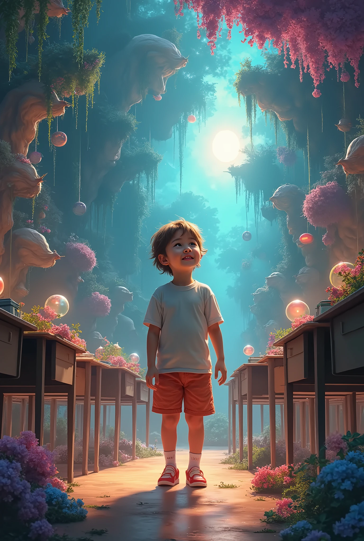 colorful psychedelic art, surreal illustration, young child daydreaming in school, magical imaginative dream, detailed fantasy, vibrant colors, whimsical, ethereal lighting, lush environment, intricate details, awe-inspiring, (best quality,4k,8k,highres,masterpiece:1.2),ultra-detailed,(realistic,photorealistic,photo-realistic:1.37),HDR,UHD,studio lighting,ultra-fine painting,sharp focus,physically-based rendering,extreme detail description,professional,vivid colors,bokeh