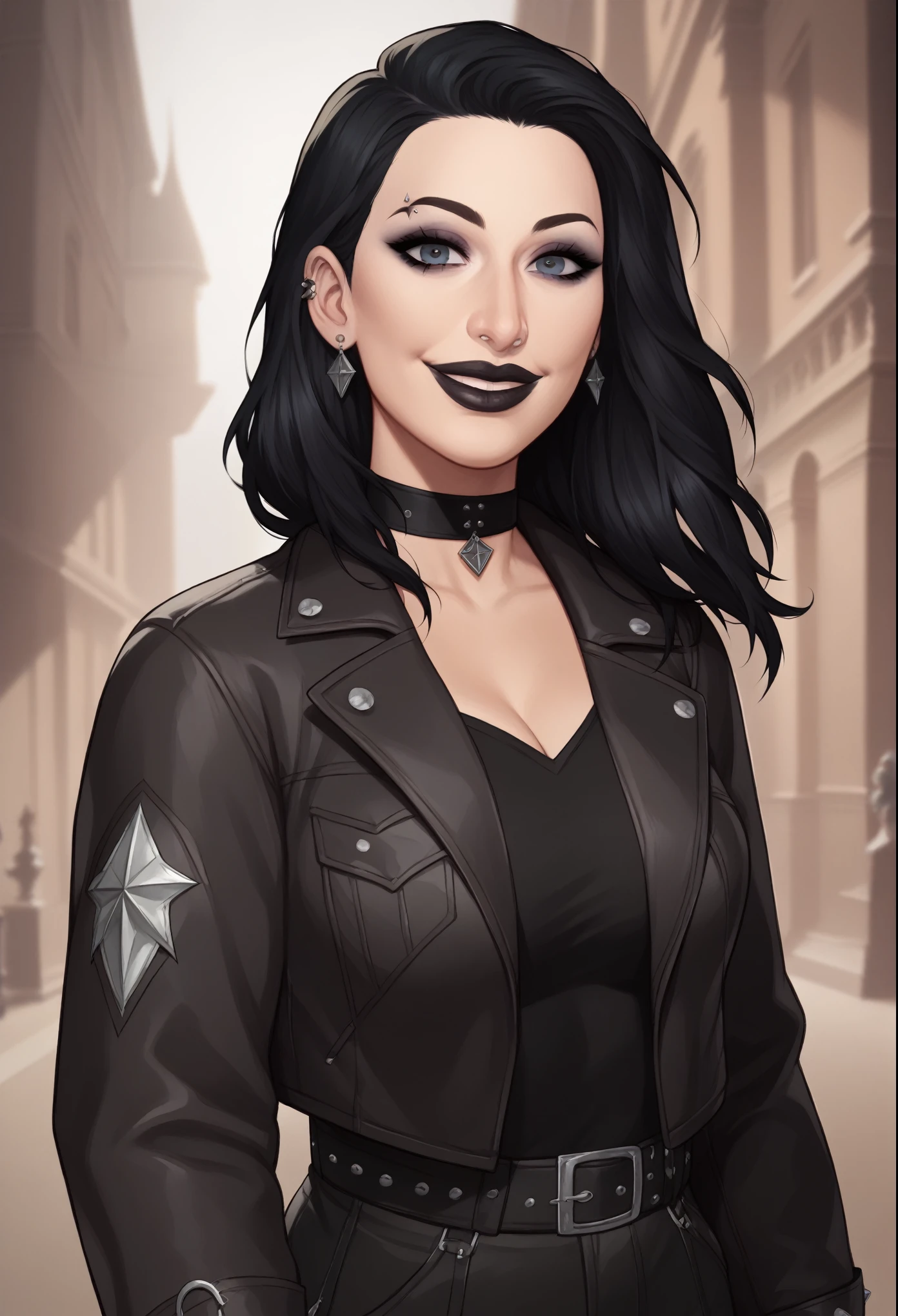 (((beautiful, high quality, comics style, detailed face))), score_9, score_8_up, score_7_up, BREAK, cowboy shot, straight-on, solo, WWE's Rhea Ripley, 1 goth girl, Nose bridge, thick lips, goth girl aesthetic, bomber jacket, piercing gaze, sexy face with full makeup, crazy smile, wearing black choker, black hair and large eyes, looking at viewer, standing, fantasy background, blurred background, Expressiveh, detailxl